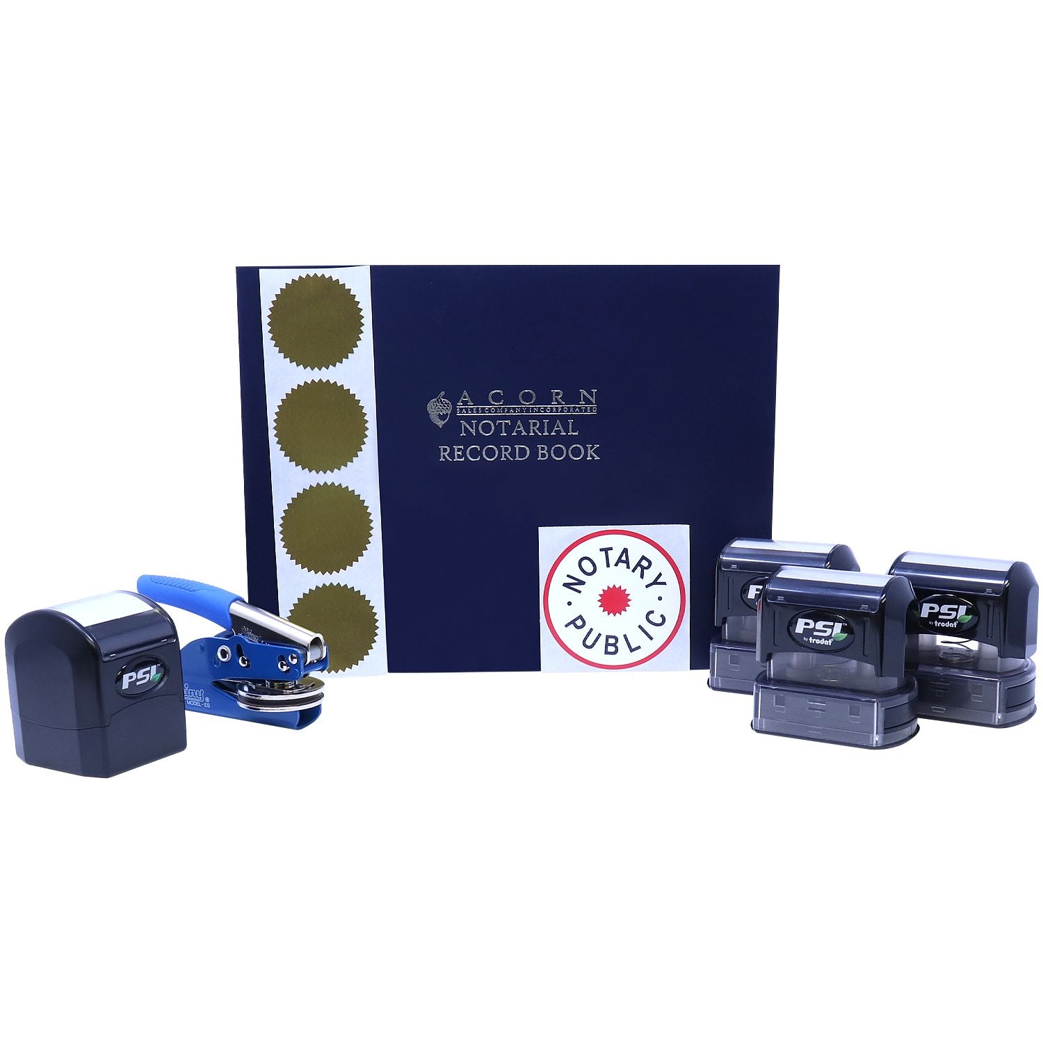 Notary public supplies set with notarial record book, embossing seal, and self-inking stamps on white background