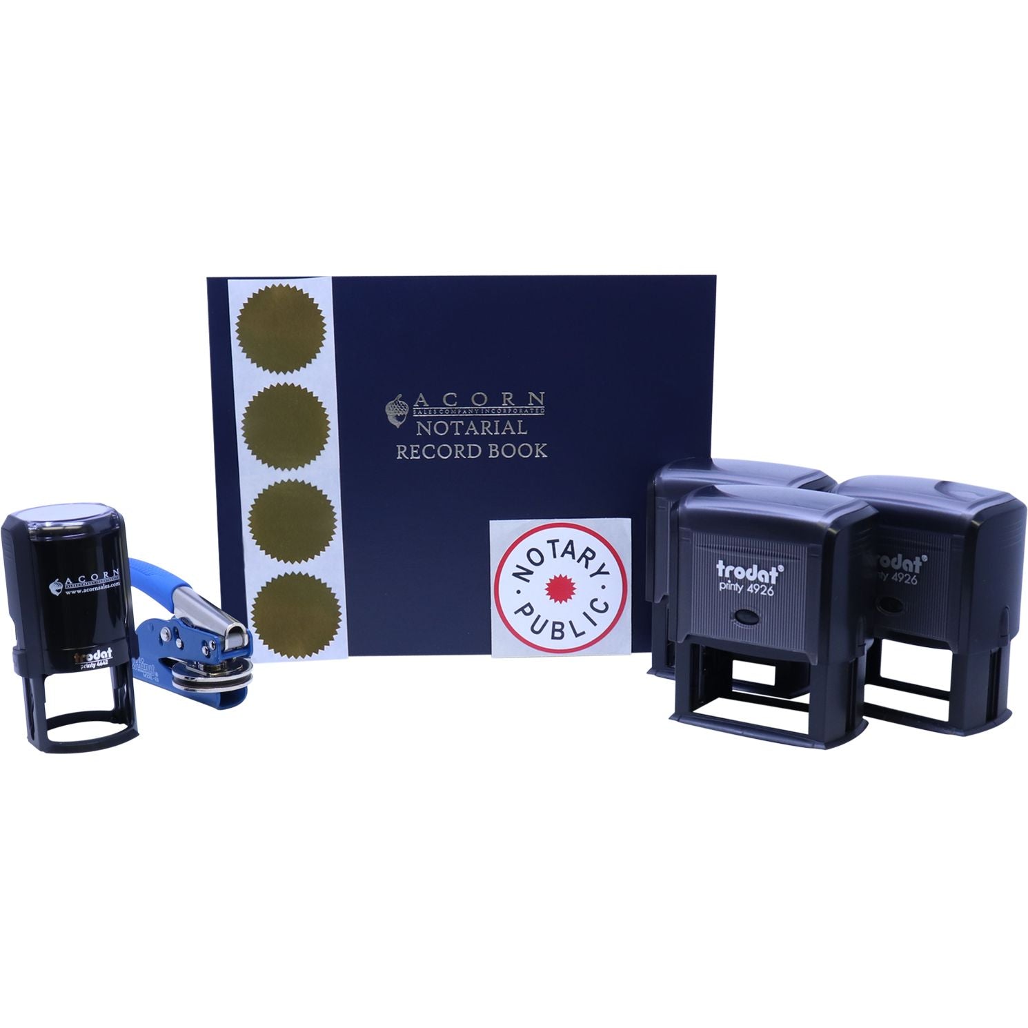 Notary public supplies set with notarial record book, self-inking stamps, and embossing seal on a white background.