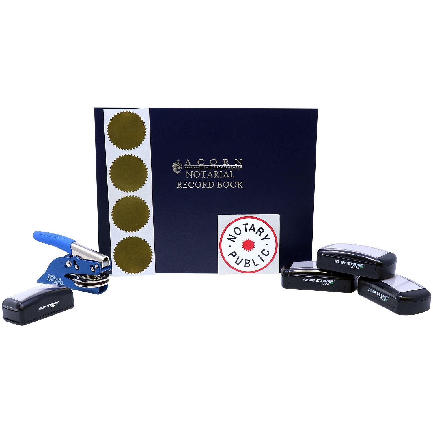 Notarial record book with notary public stamp, embosser, and seals for official notarization supplies.