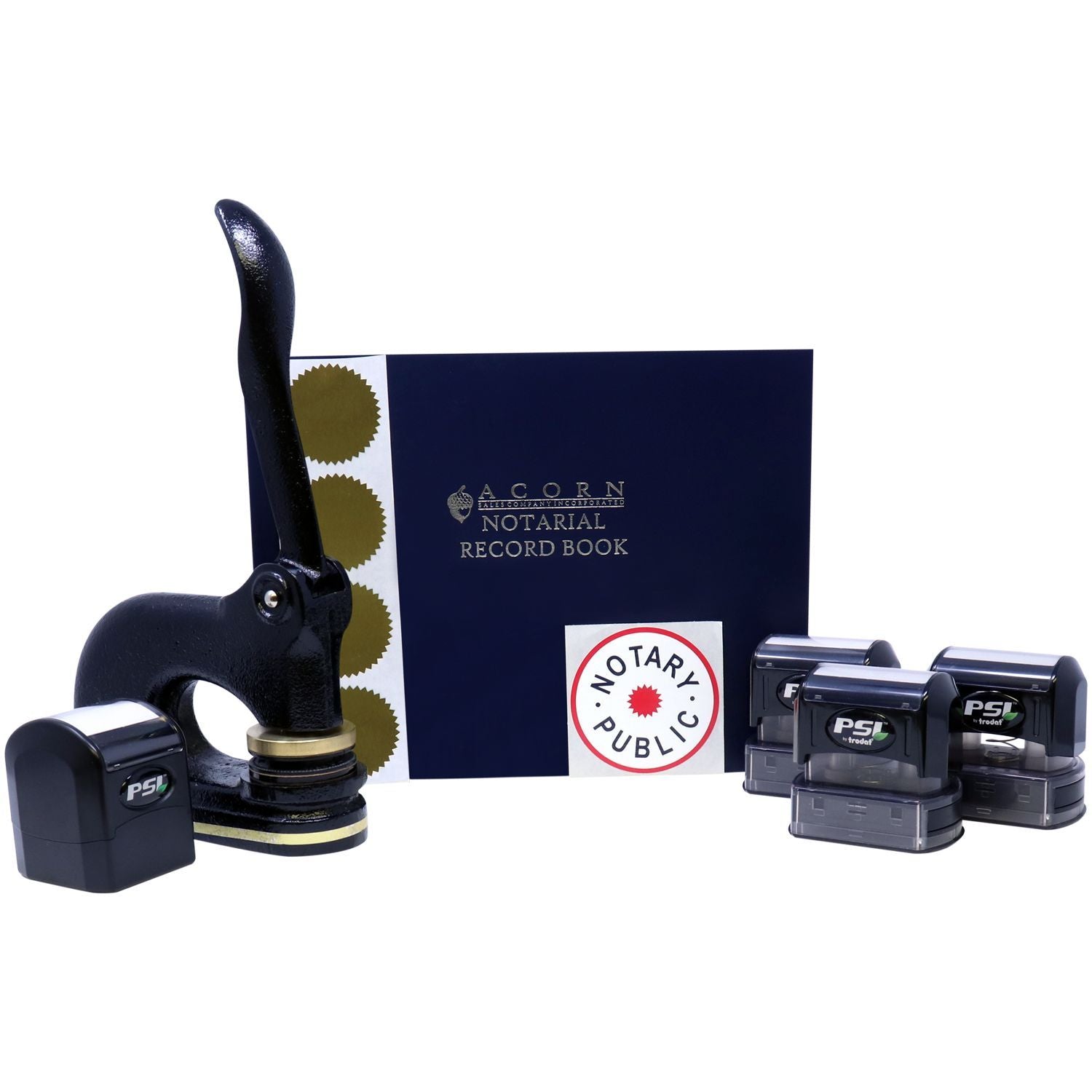 Notary public seal and embosser set with notarial record book and self-inking stamps on a white background.