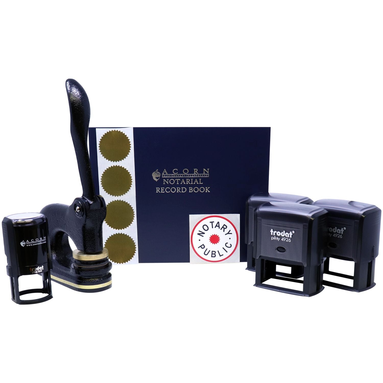 Notary public supplies with notarial record book, embosser, and self-inking stamps on white background.