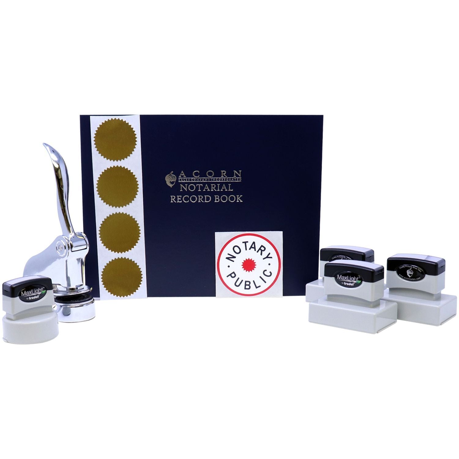 Notary public supplies set with notarial record book, embossing seal, and self-inking stamps on white background.