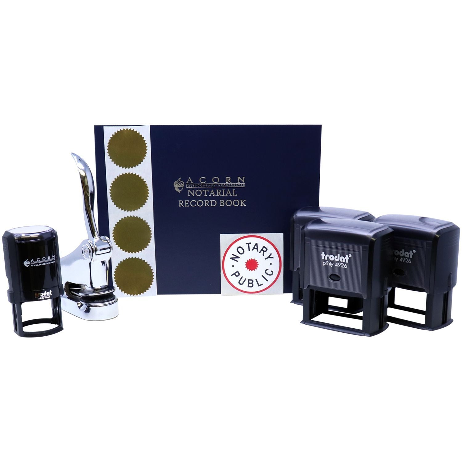 Notary public supplies set with record book, embosser, and self-inking seals for official document authentication.