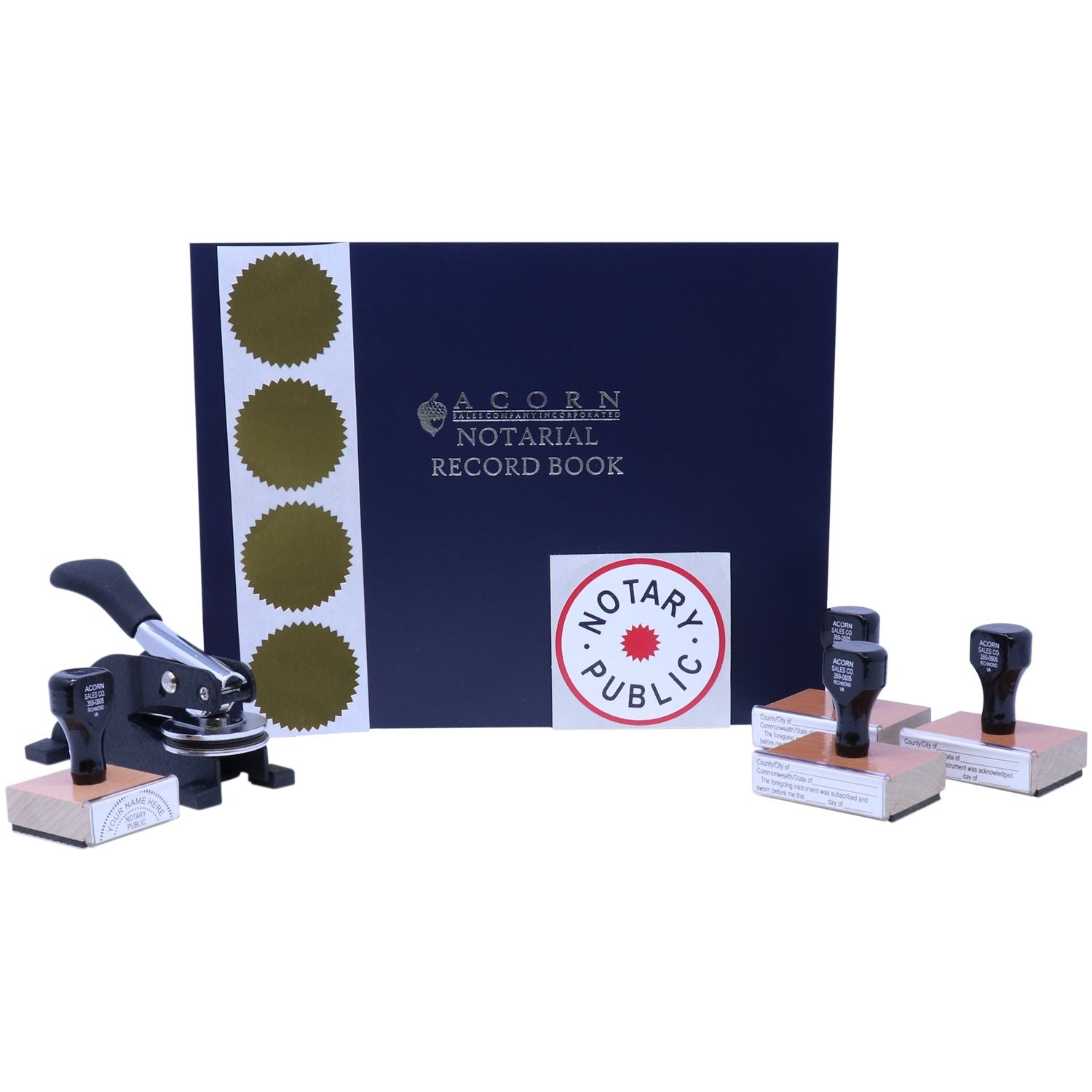 Acorn notarial record book set with notary public stamps, embosser, and seal for official notarization documents.