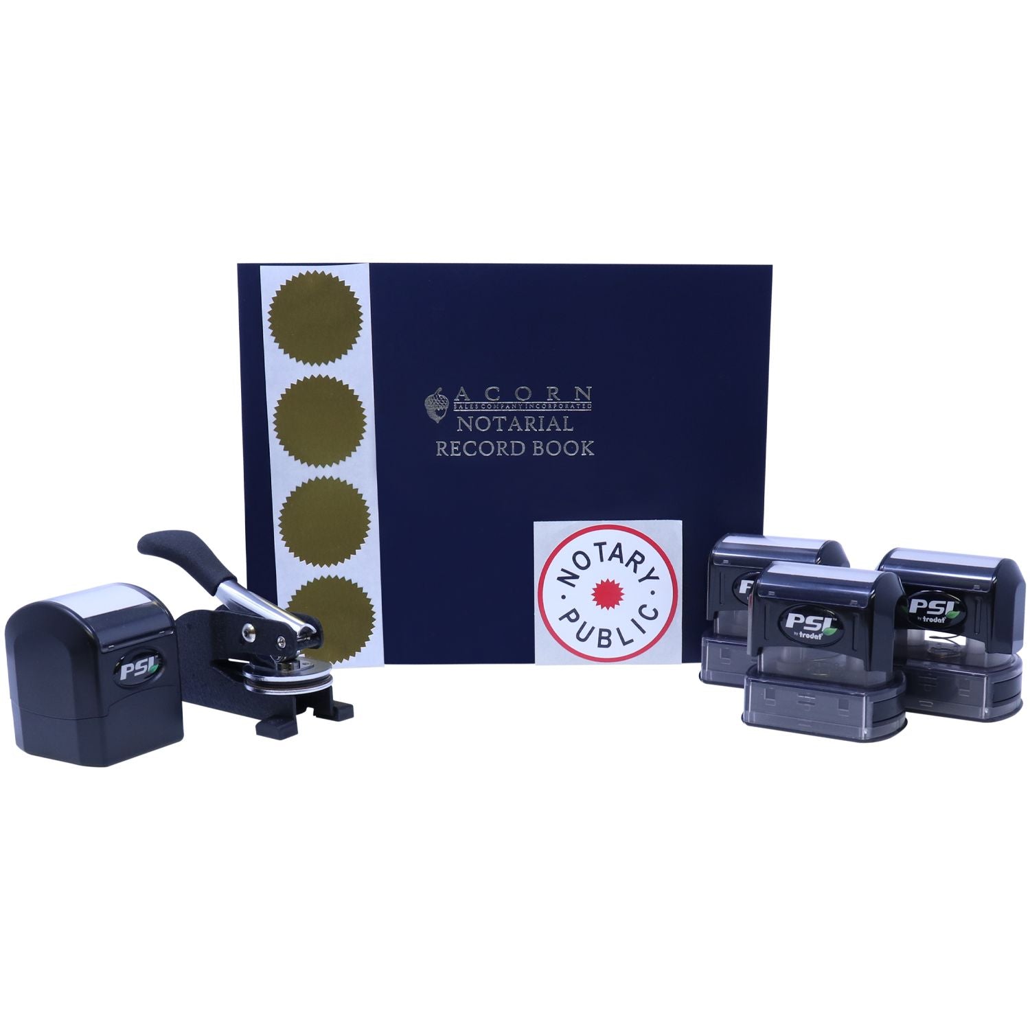 Notary public supplies set with Acorn Notarial Record Book, gold seals, embosser, and PSI self-inking stamps.