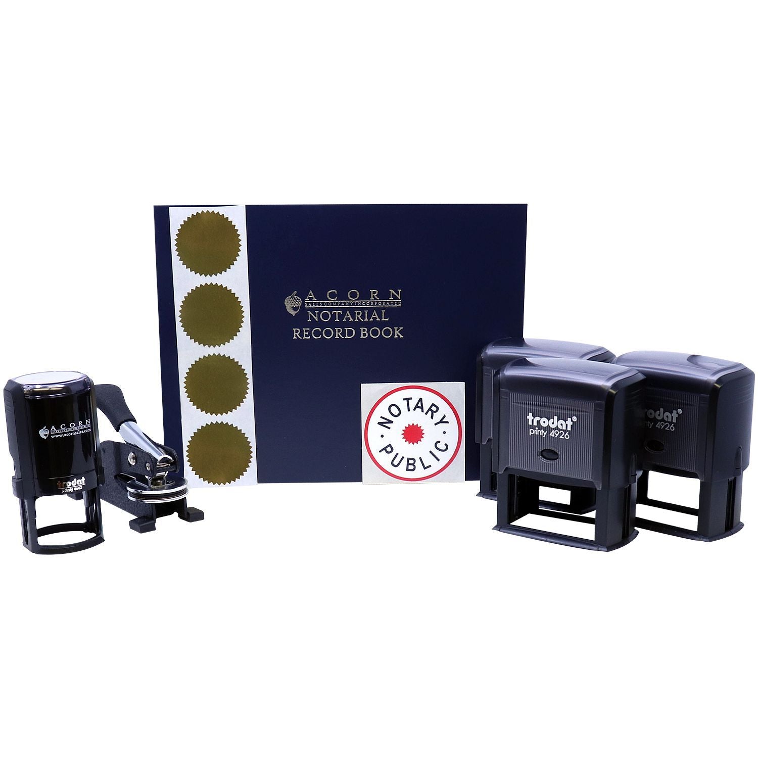 Notary public record book with rubber stamps and embosser set on a white background.