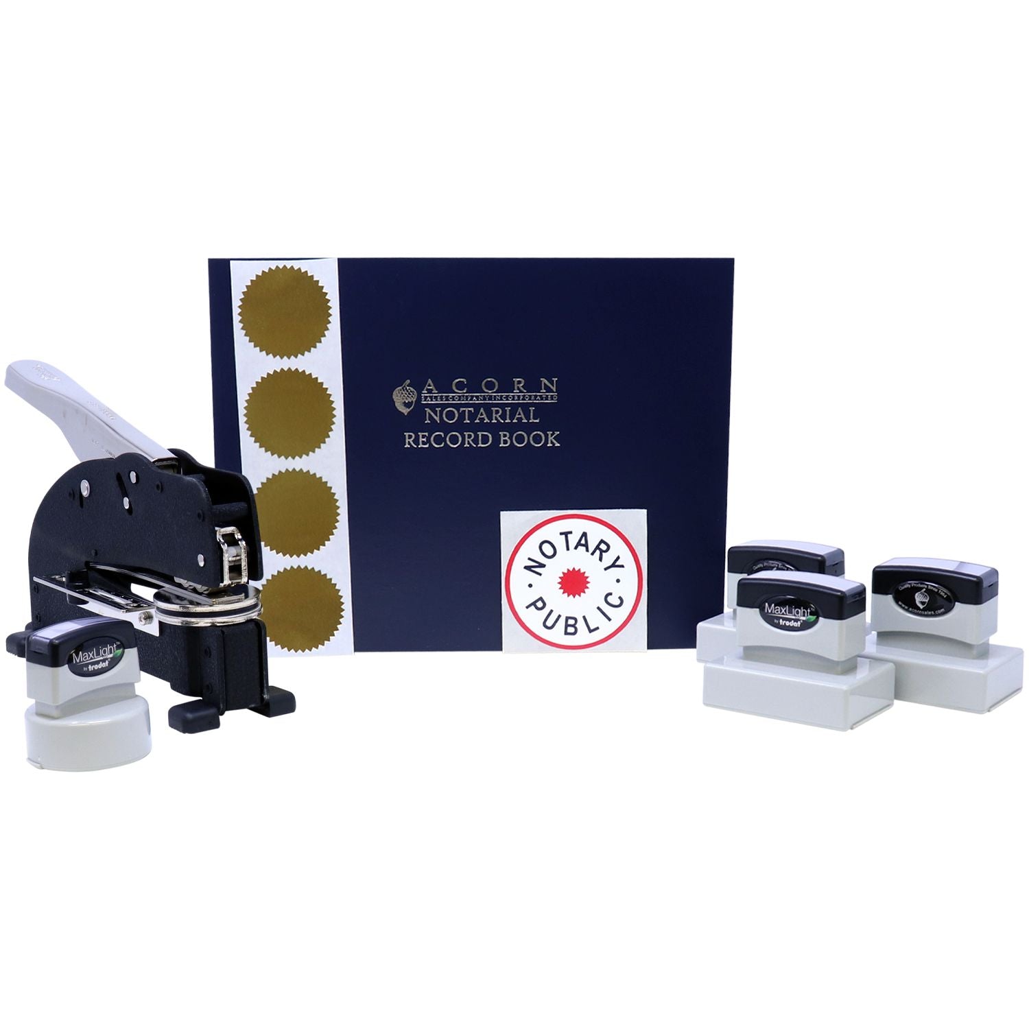 Notary public supply kit with notarial record book, embosser, and self-inking stamps on white background.