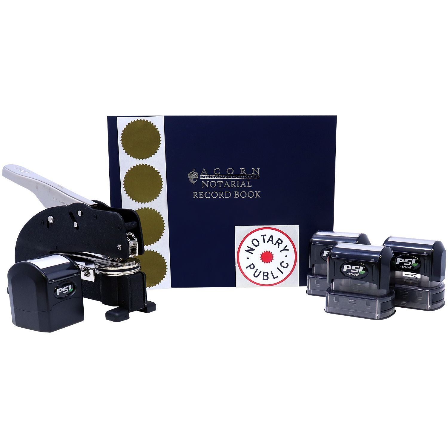 Notary public supplies set with notarial record book, stamp, embosser, and seal stickers.