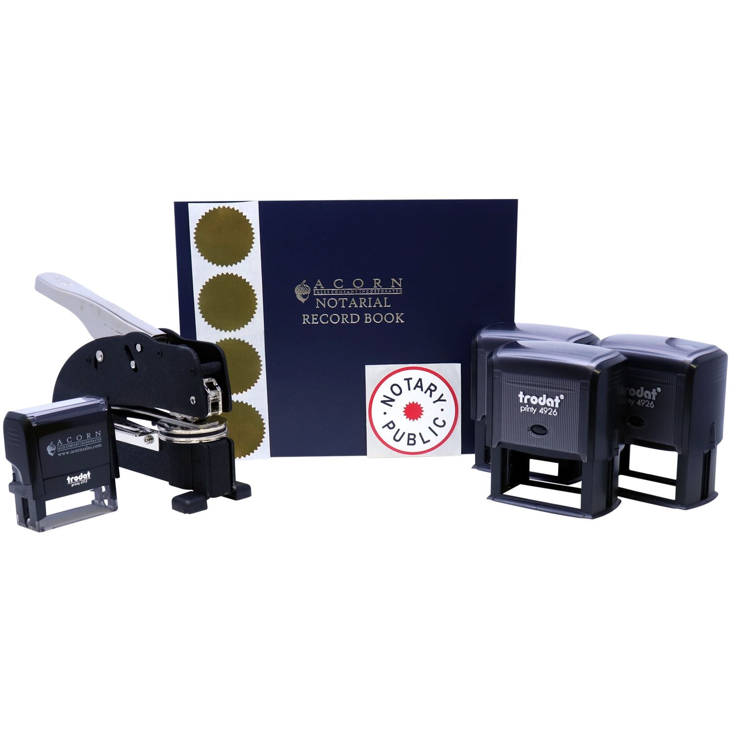 Notary public supplies set with record book, embosser, and self-inking stamps on white background.