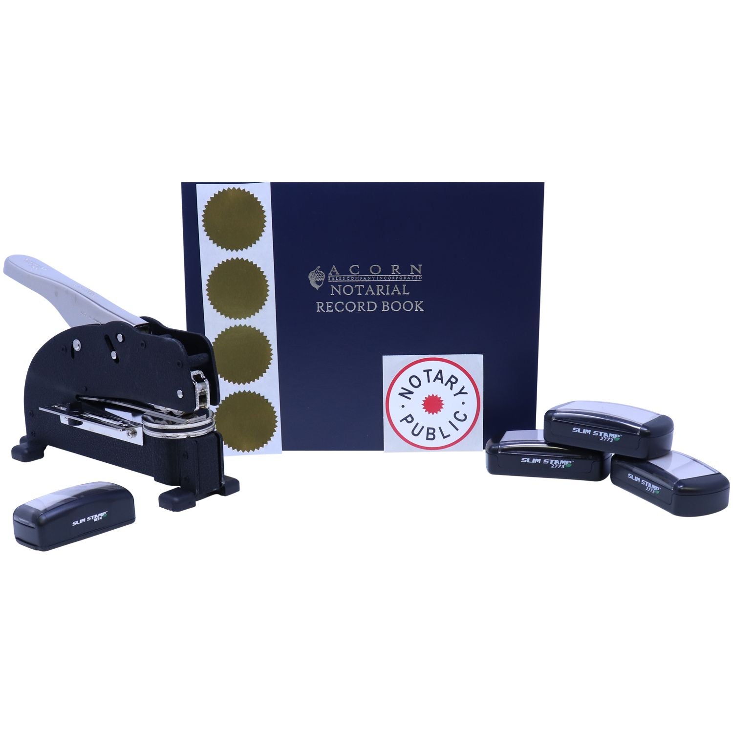 Notary public stamp set with embosser, notarial record book, and self-inking slim stamps for official document certification