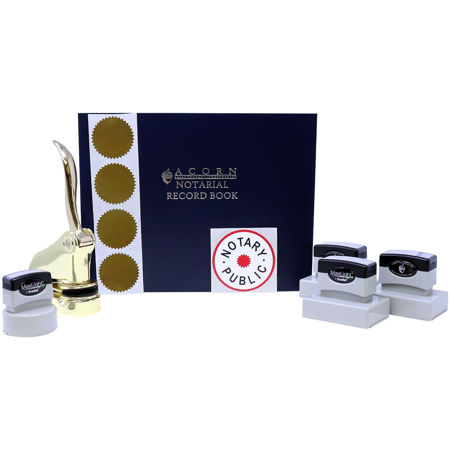 Notary public supplies set with notarial record book, embosser, and self-inking stamps on a white background.