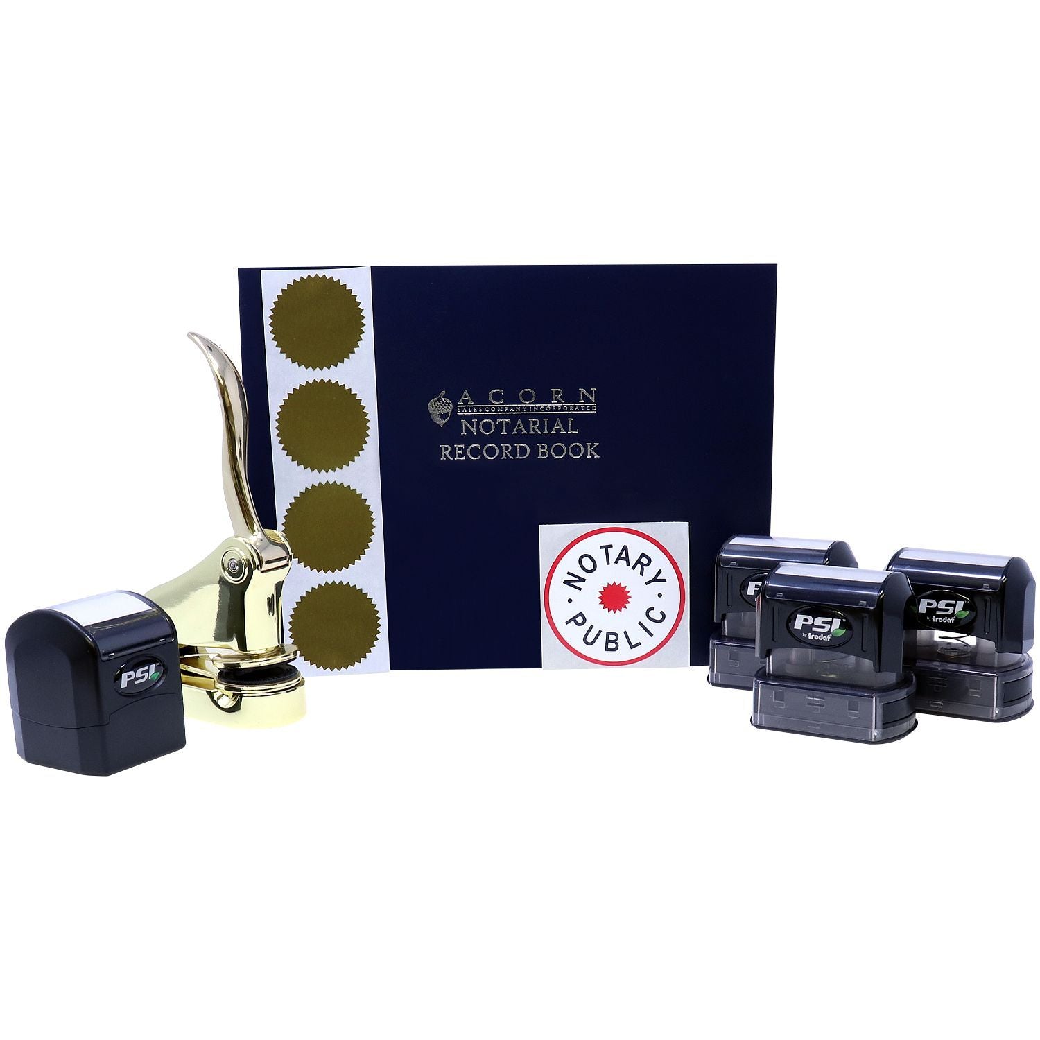 Notary public supplies set with notarial record book, embossing seal, gold seal stickers, and PSI stamps on white background.