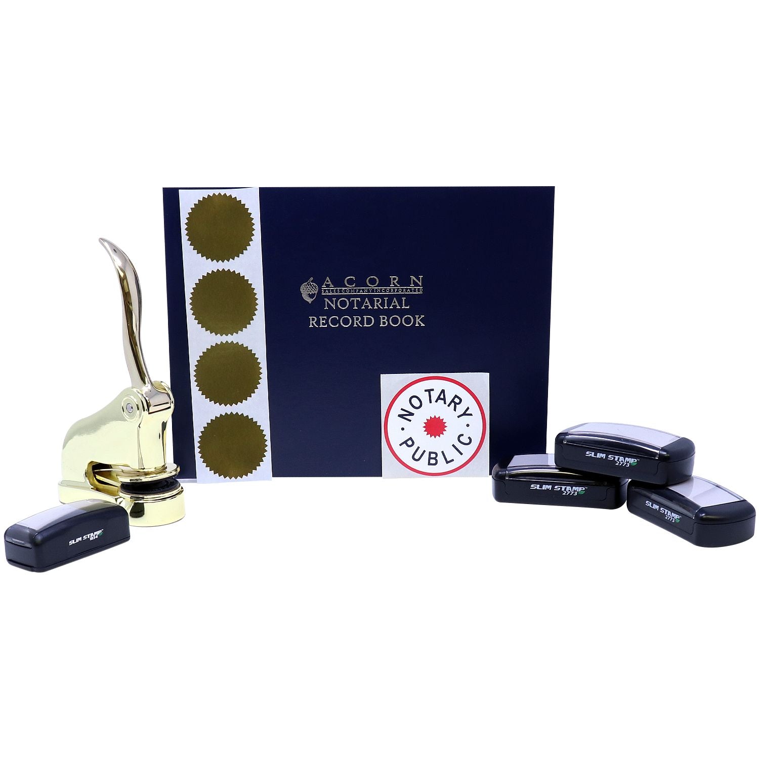 Acorn notarial record book with notary public seal, gold embossing seals, and slim stamps for professional notarization supplies.