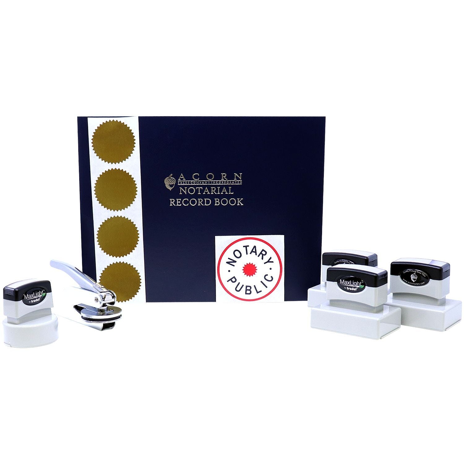 Notary public supplies set featuring a notarial record book, embossing seal, and self-inking rubber stamps on a white background.