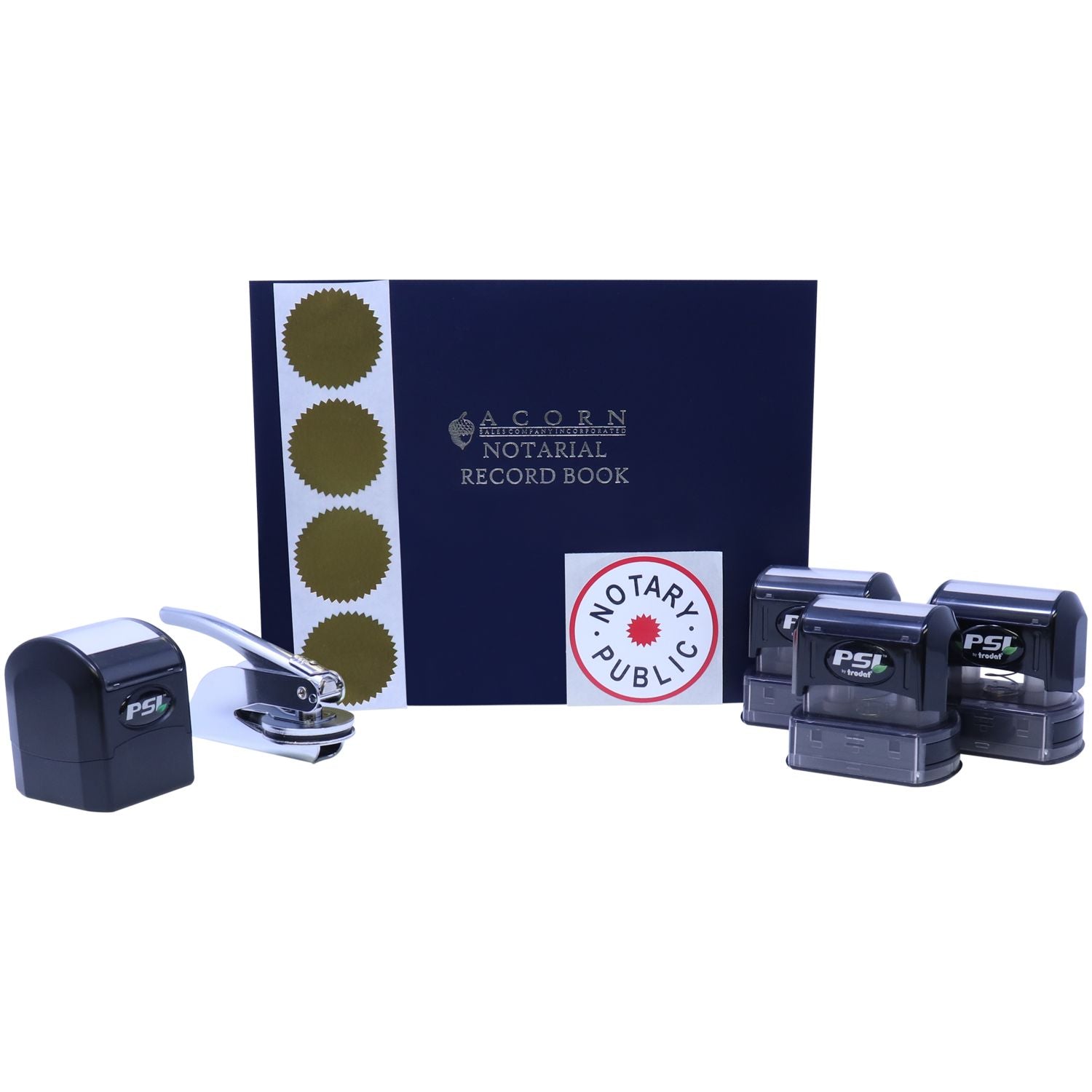 Notary public record book with stamps, seal embosser, and office supplies for legal document authentication.
