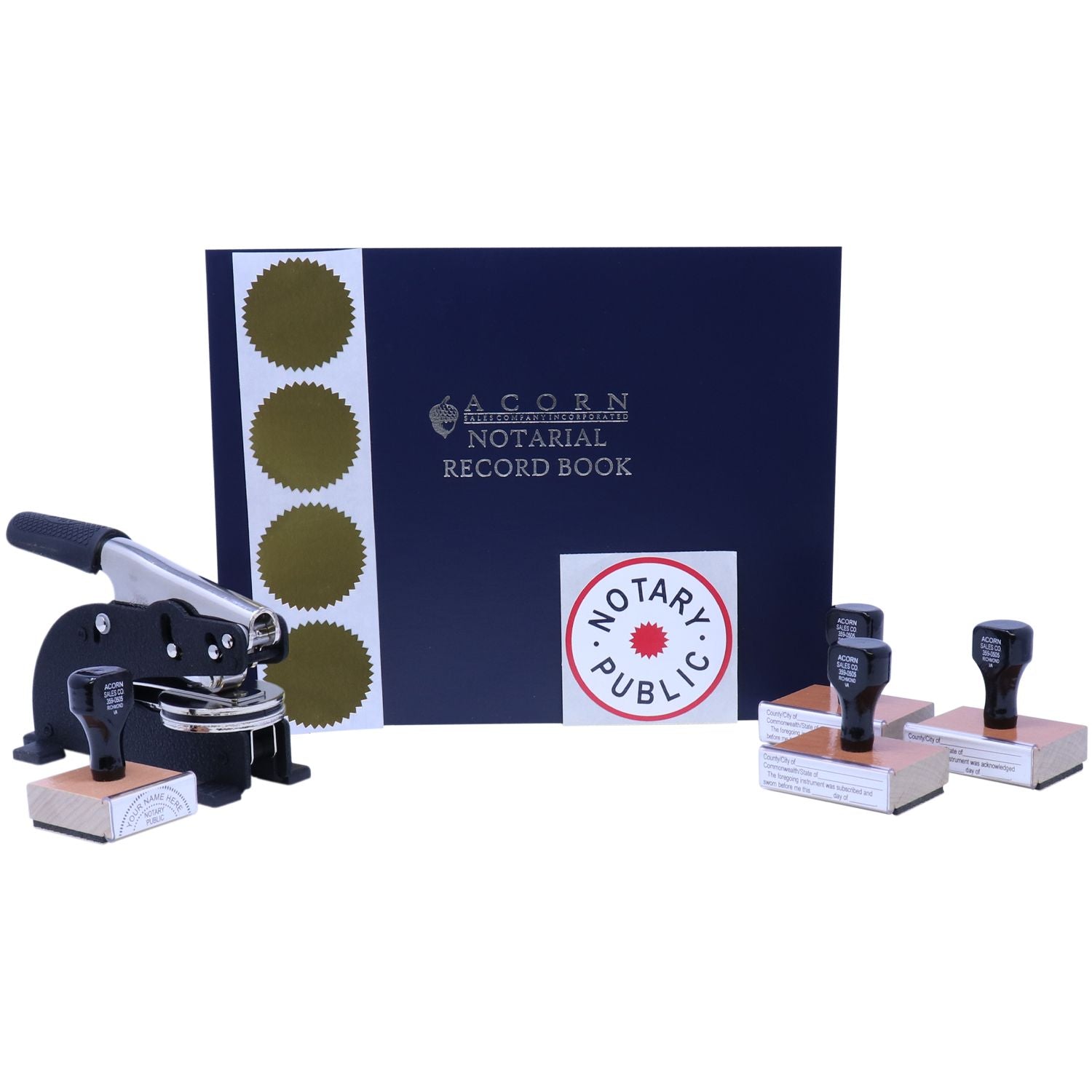 Notary public supplies featuring a notarial record book, embossing seal, and self-inking notary stamps on a white background.