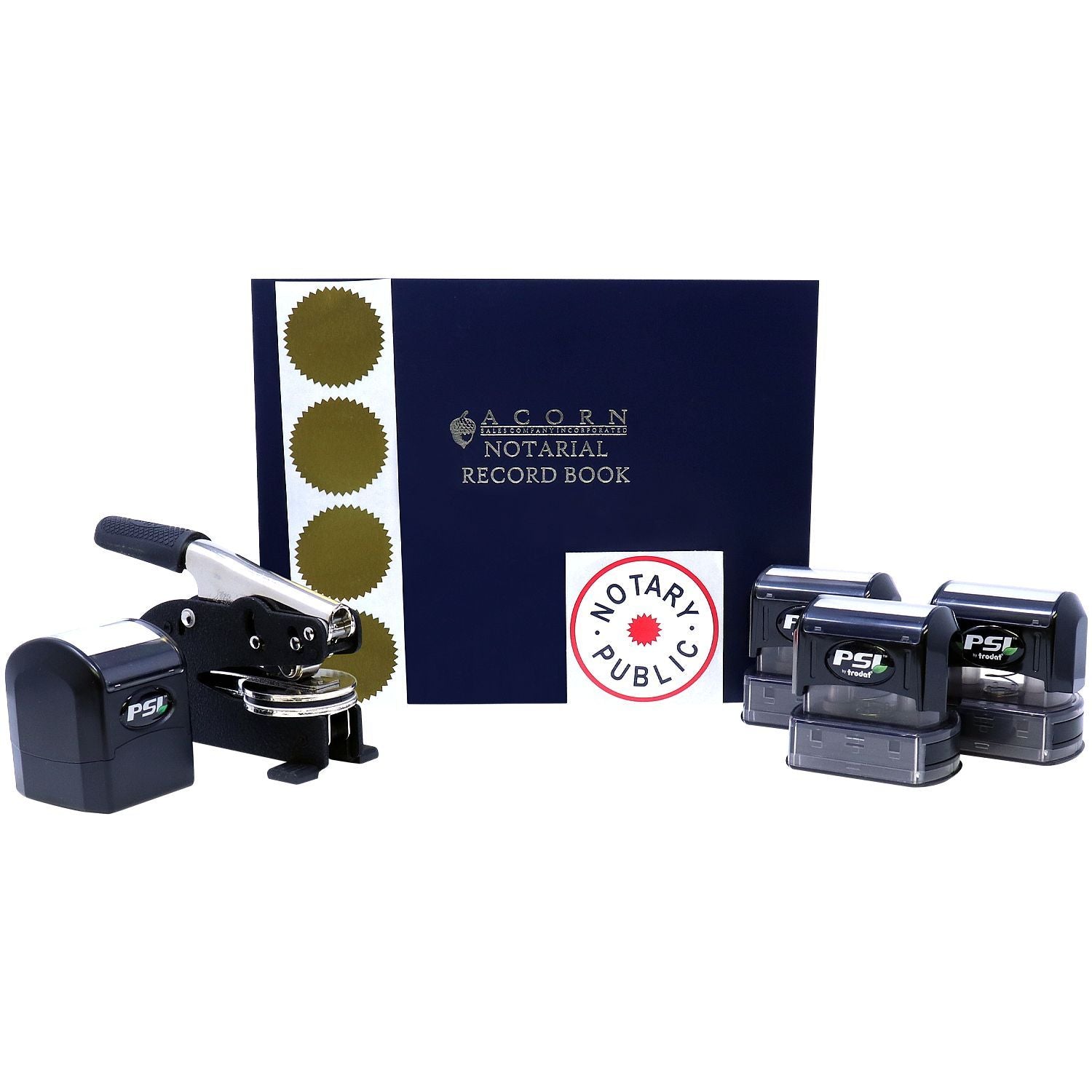 Notary public kit with notarial record book, embosser, and PSI by Trodat stamp seals.
