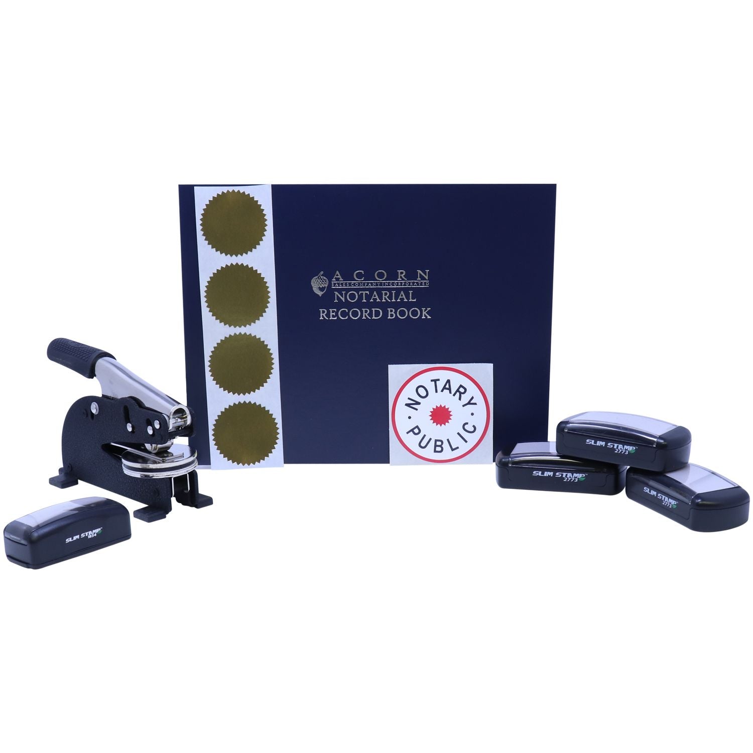 Notary public record book with embosser and slim stamps for official document sealing.