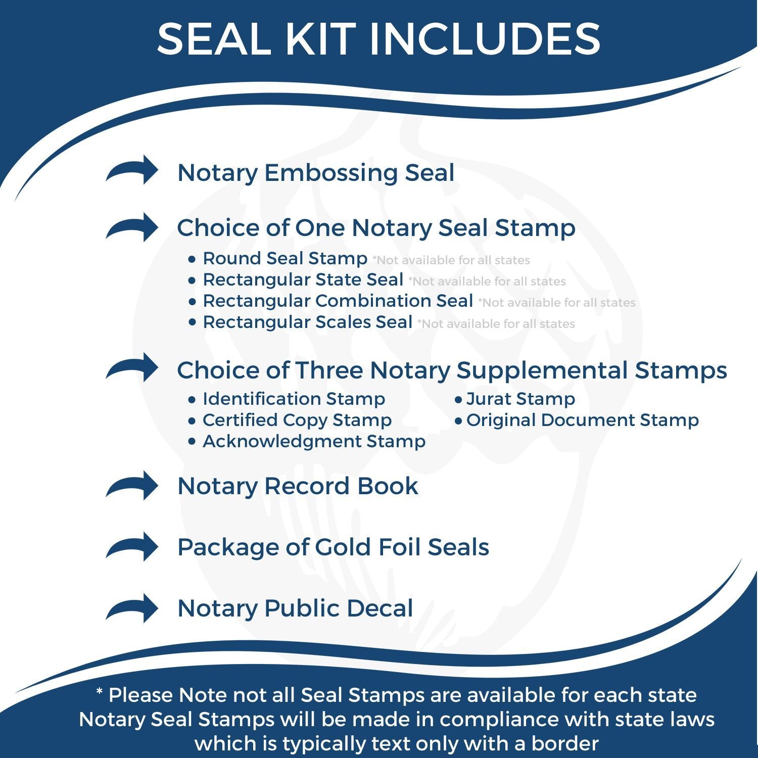 Notary seal kit includes embossing seal, choice of one notary seal stamp, three supplemental stamps, notary record book, gold foil seals, and notary public decal.