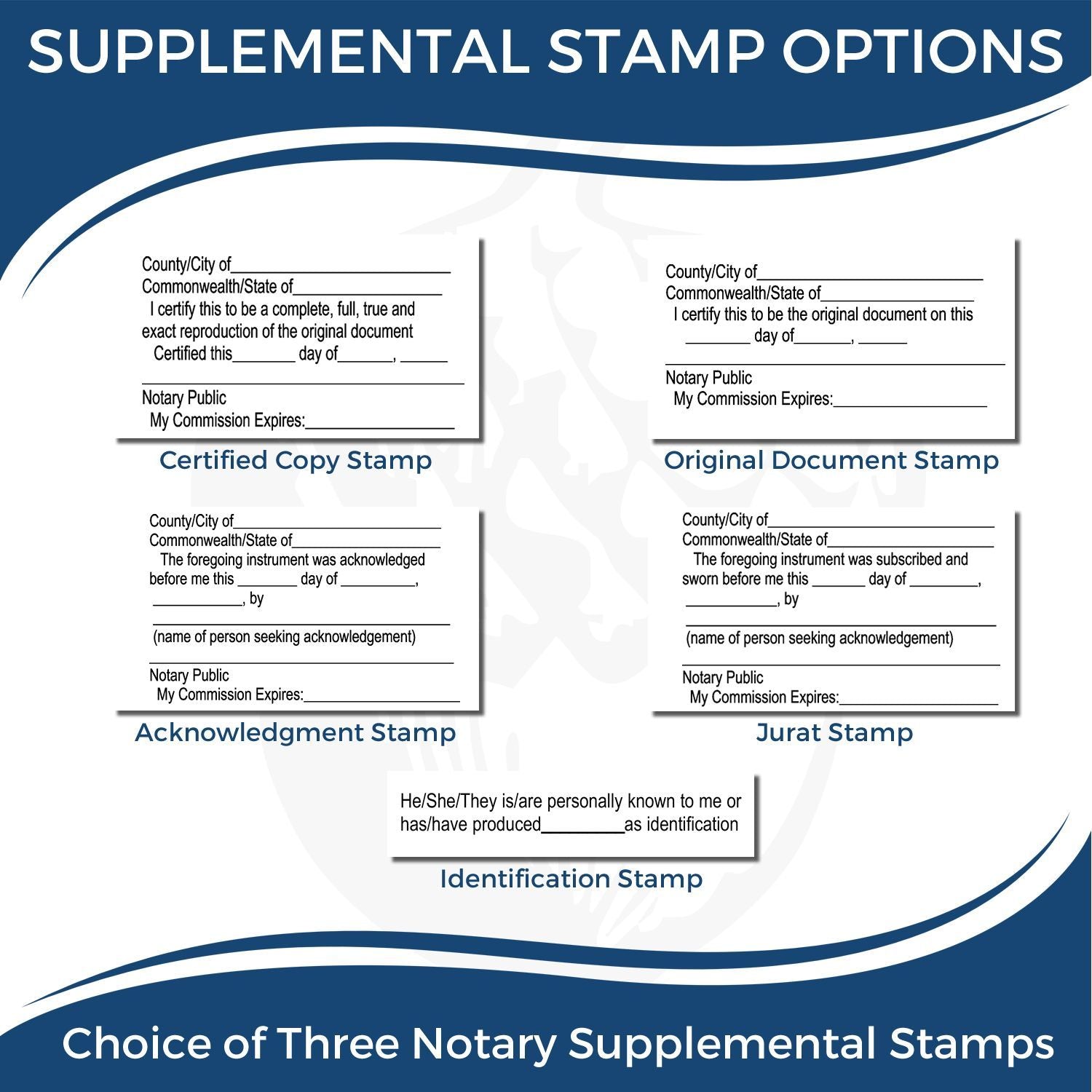 Supplemental notary stamp options chart showing certified copy, original document, acknowledgment, jurat, and identification stamps for notary public use.
