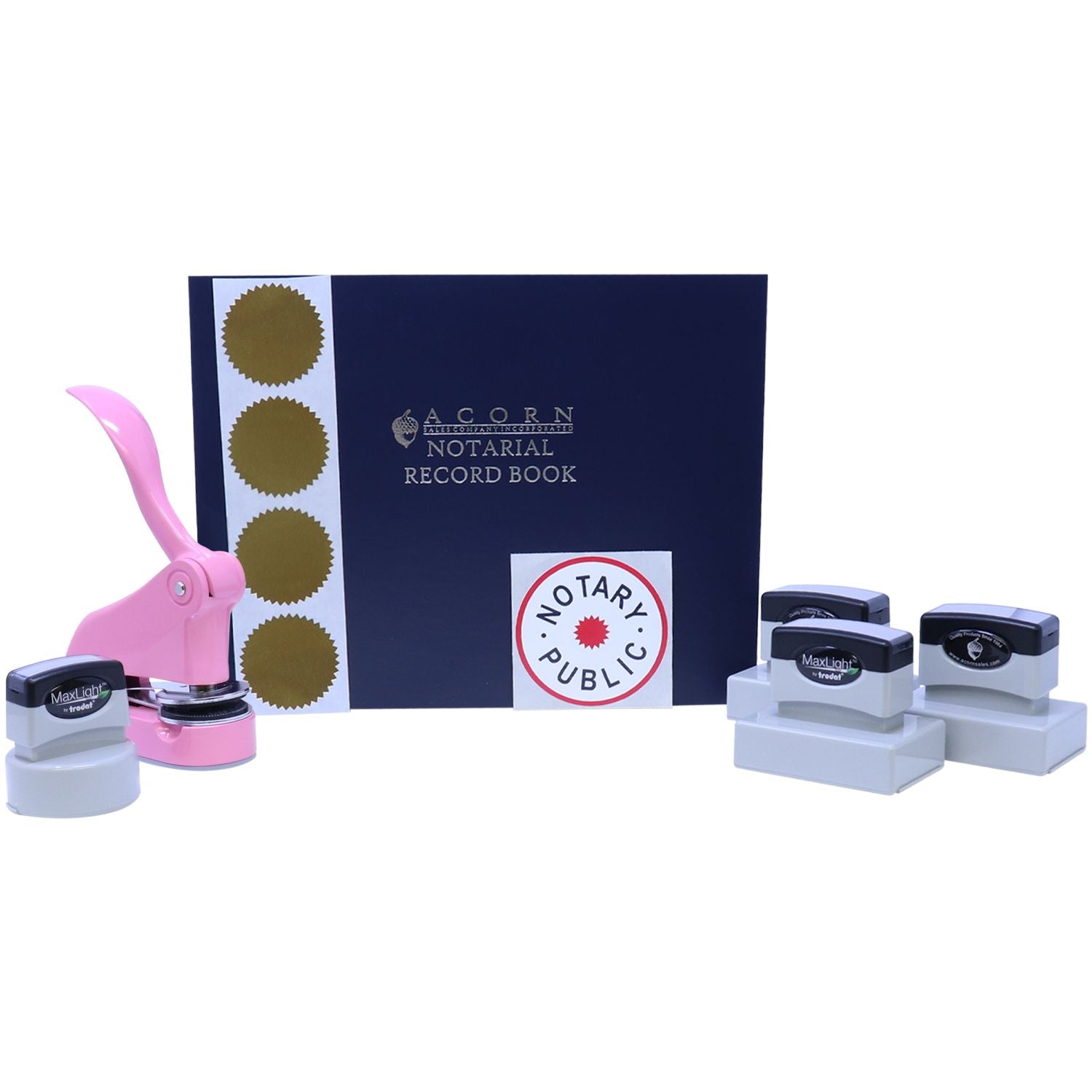 Notary public supplies set with Acorn notarial record book, embossing seal, and self-inking stamps