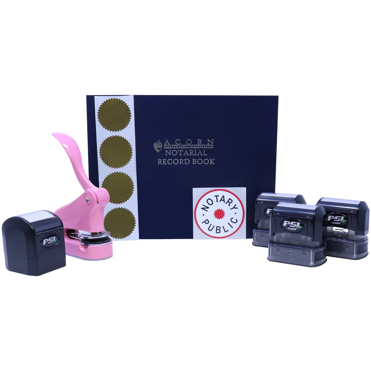 Notary public supplies set with notarial record book, embosser, and PSI self-inking stamps on a white background.