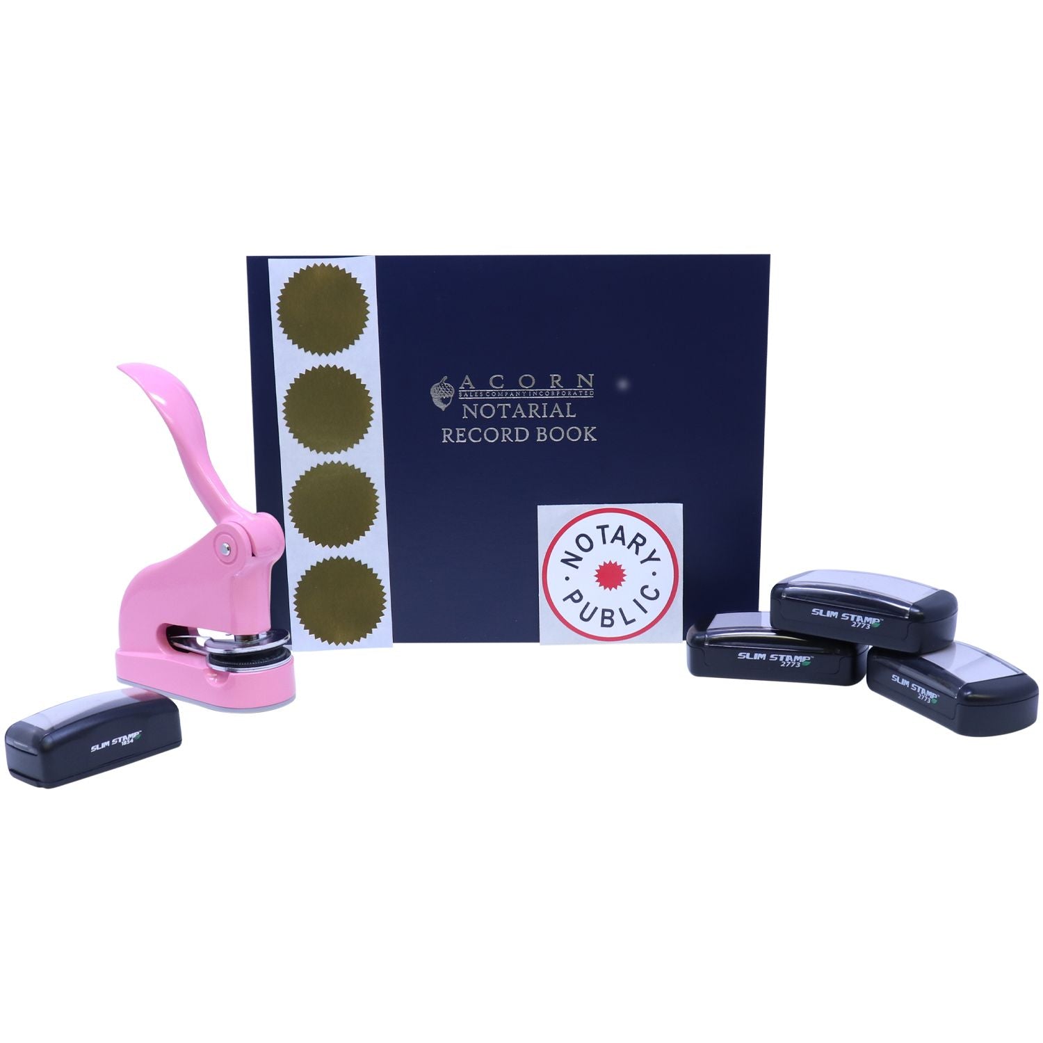 Notary public record book with pink embosser, gold seal stickers, and self-inking stamps on a white background.