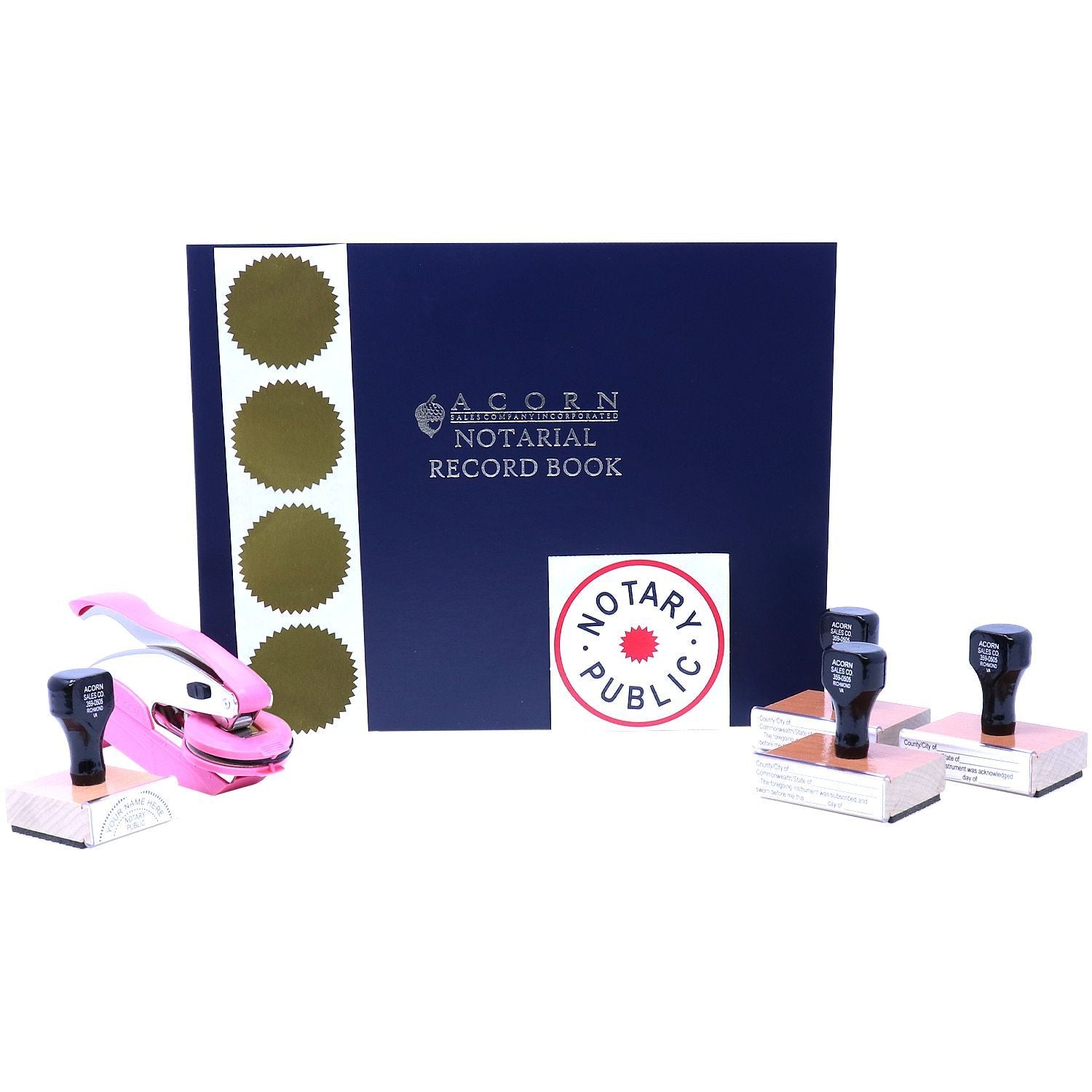 Acorn notarial record book with notary public stamps, embosser, and office supply kit on white background