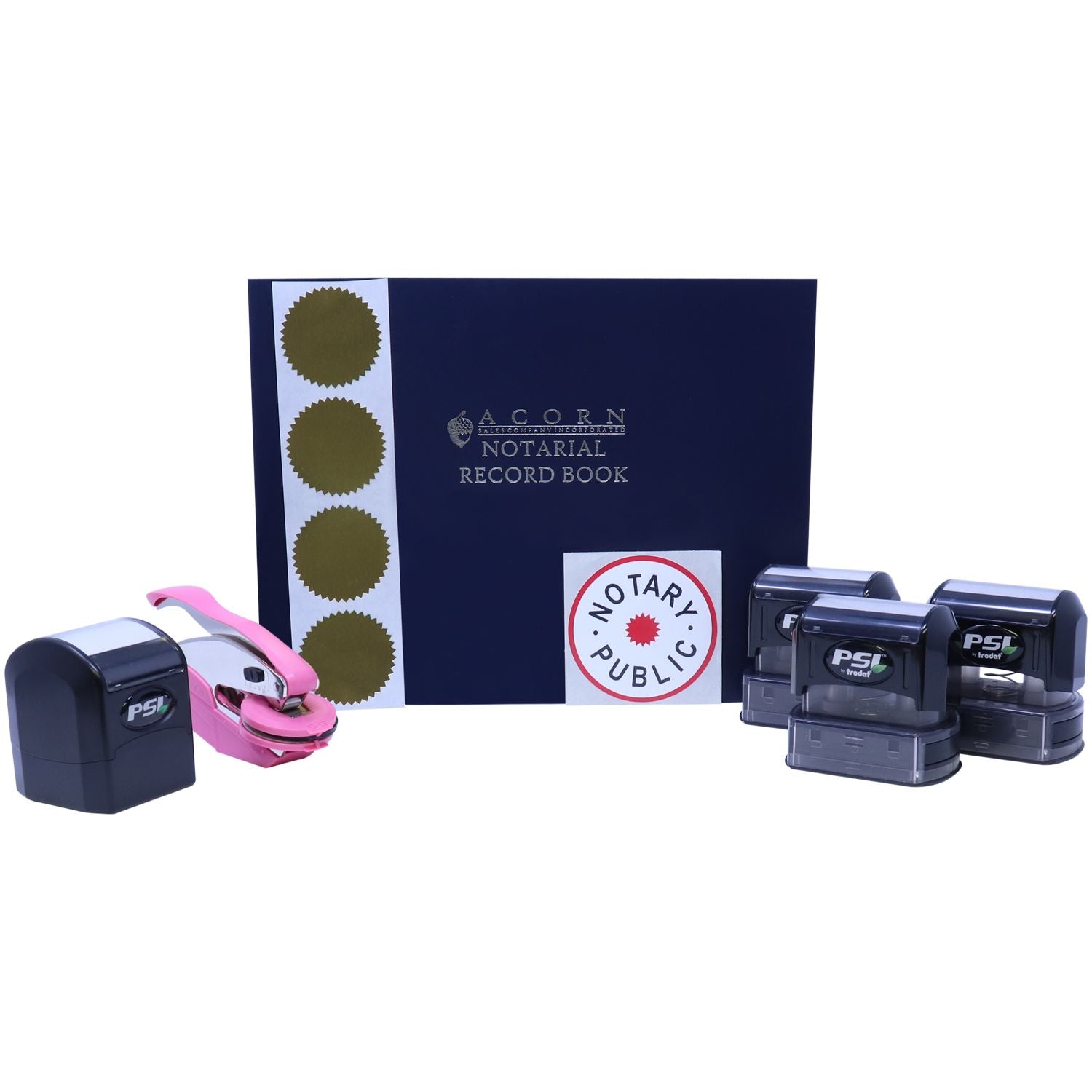 Notary public record book with official seals, self-inking stamps, and stapler on a white background.