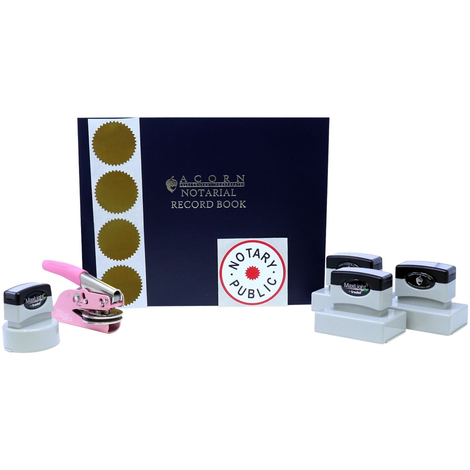 Notary public supplies with notarial record book, official seal stamp, and self-inking stamps for professional office use.