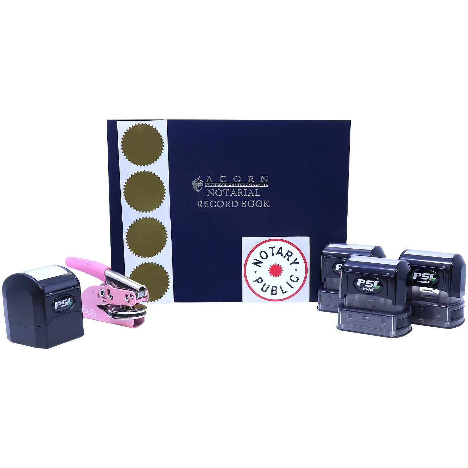 Notary public record book, seal stickers, and office stamping supplies set for legal document certification.
