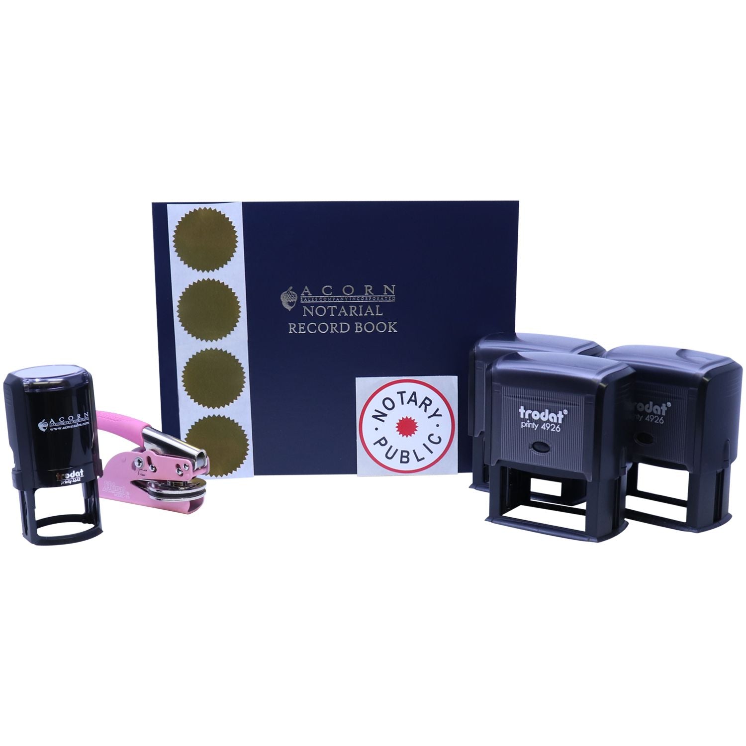 Notary public supplies set with notarial record book, seal stamps, and embosser by Acorn Sales Company