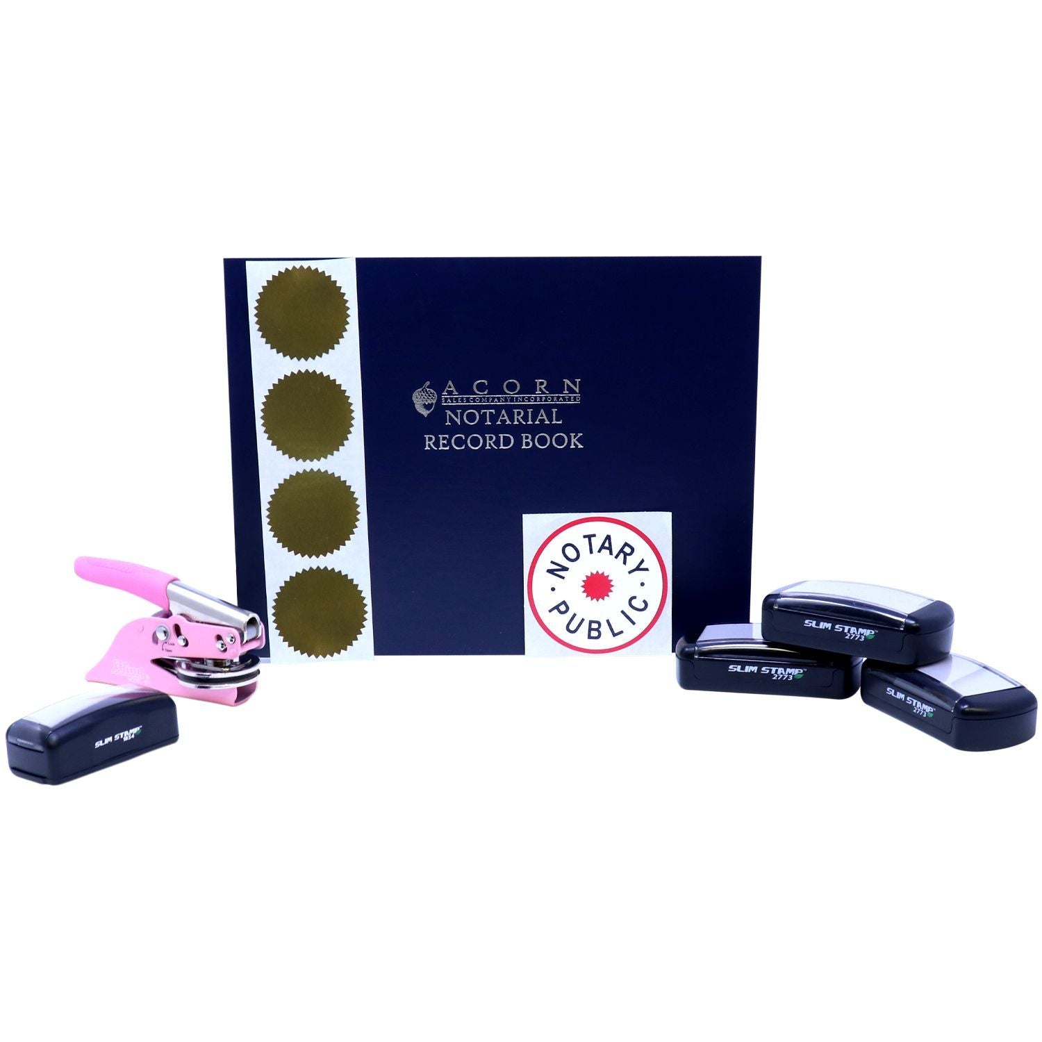 Notary public supplies featuring an Acorn notarial record book, official seal, and self-inking stamps on a white background.