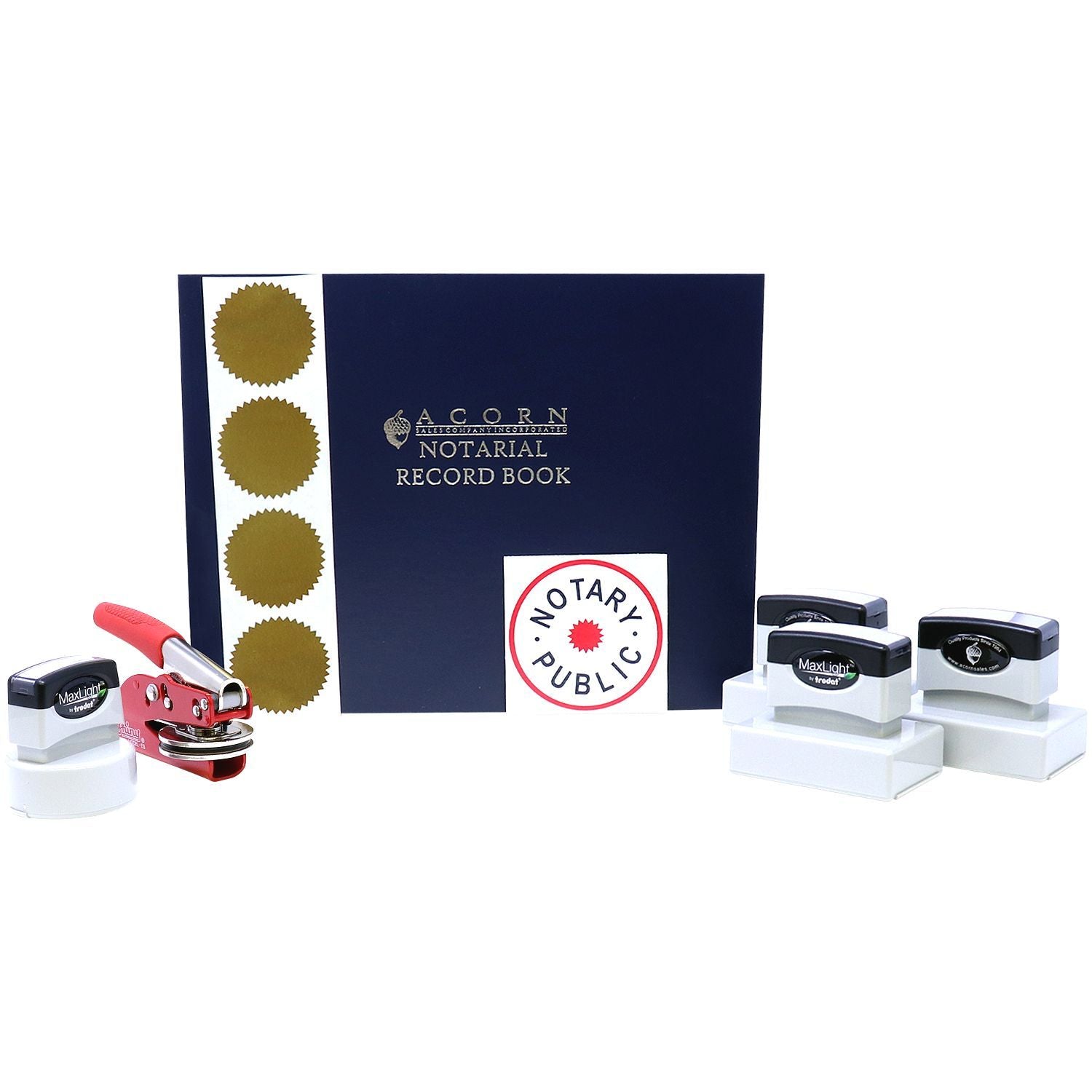 Acorn Notarial Record Book with notary public seal stamps and embosser, professional notary supplies kit on white background