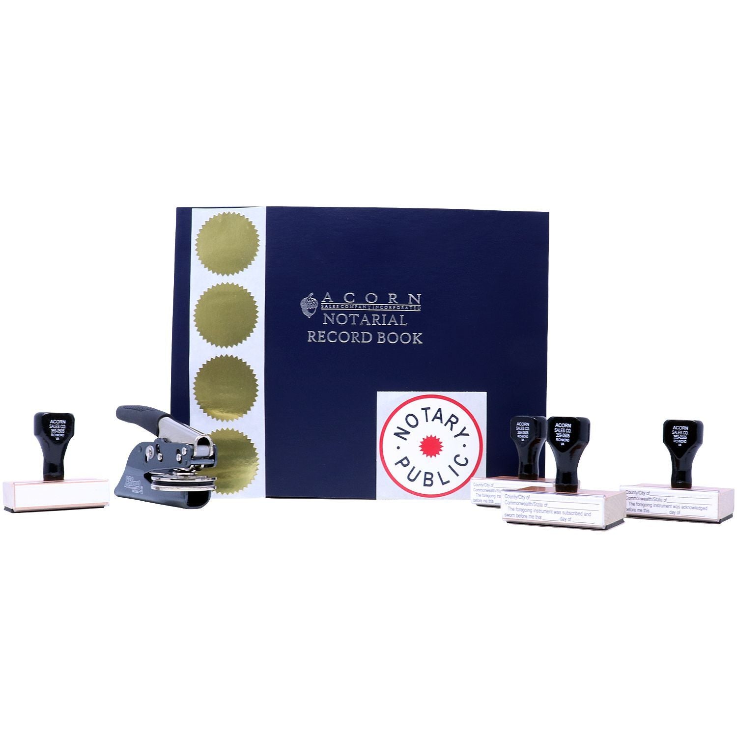 Notary public supplies including notarial record book, stamp seals, and embosser on white background.