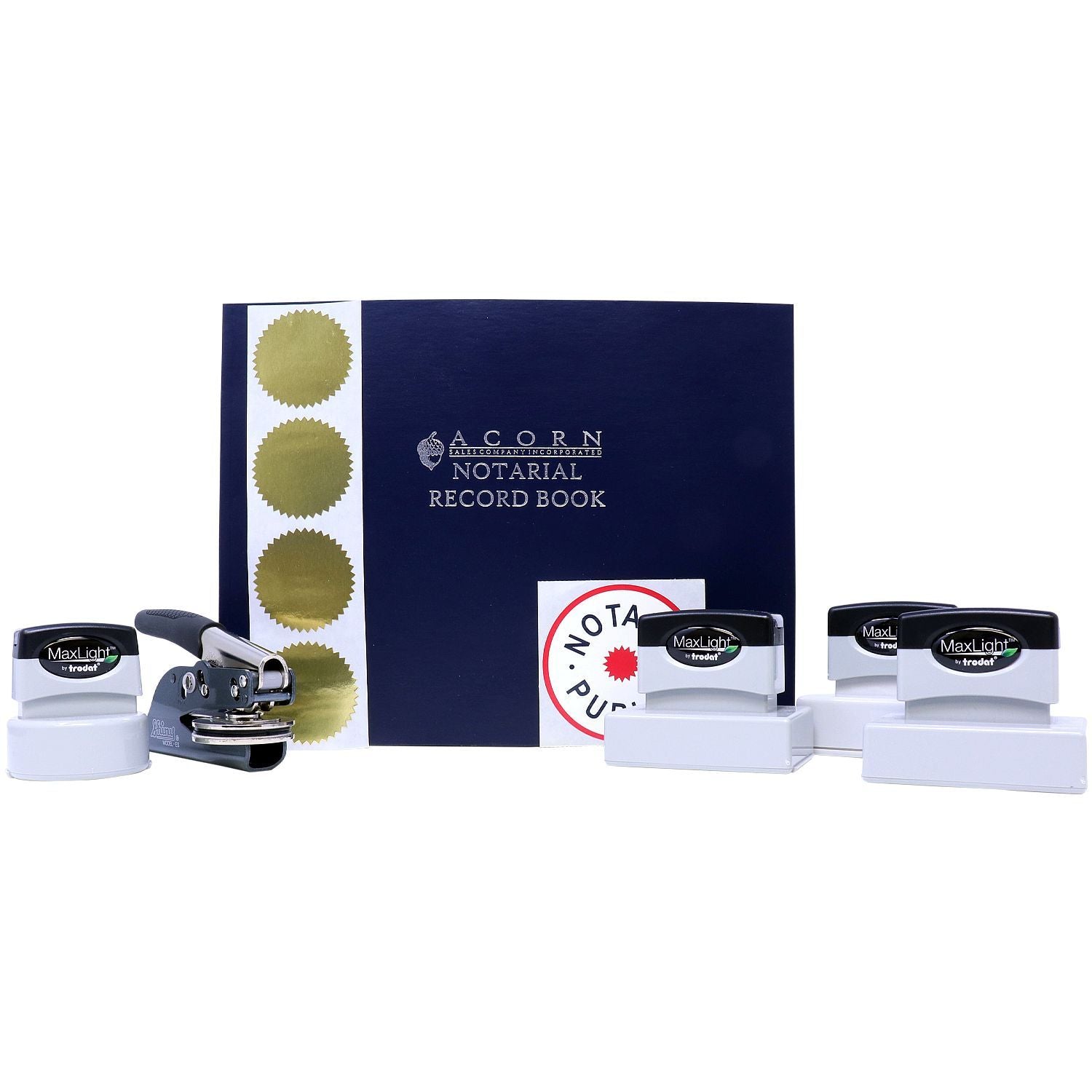 Notary public supplies with Acorn notarial record book, gold seal stickers, and Trodat MaxLight self-inking stamps on white background.