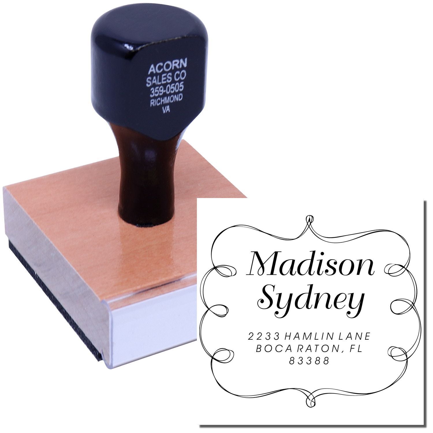 Personalized address stamp for Madison Sydney on shipping box, showing 2233 Hamlin Lane, Boca Raton FL 83388 for mailing.