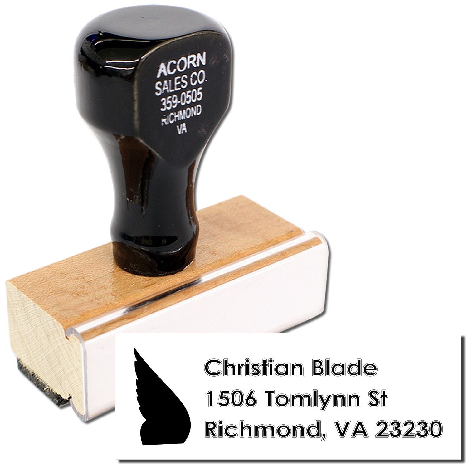 Custom rubber address stamp with Christian Blade name, Richmond VA address, and logo for business mailing.