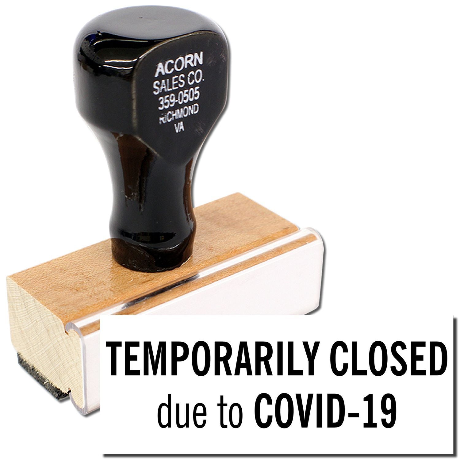 Black rubber stamp with Temporarily Closed due to COVID-19 text, symbolizing business closure during the coronavirus pandemic.