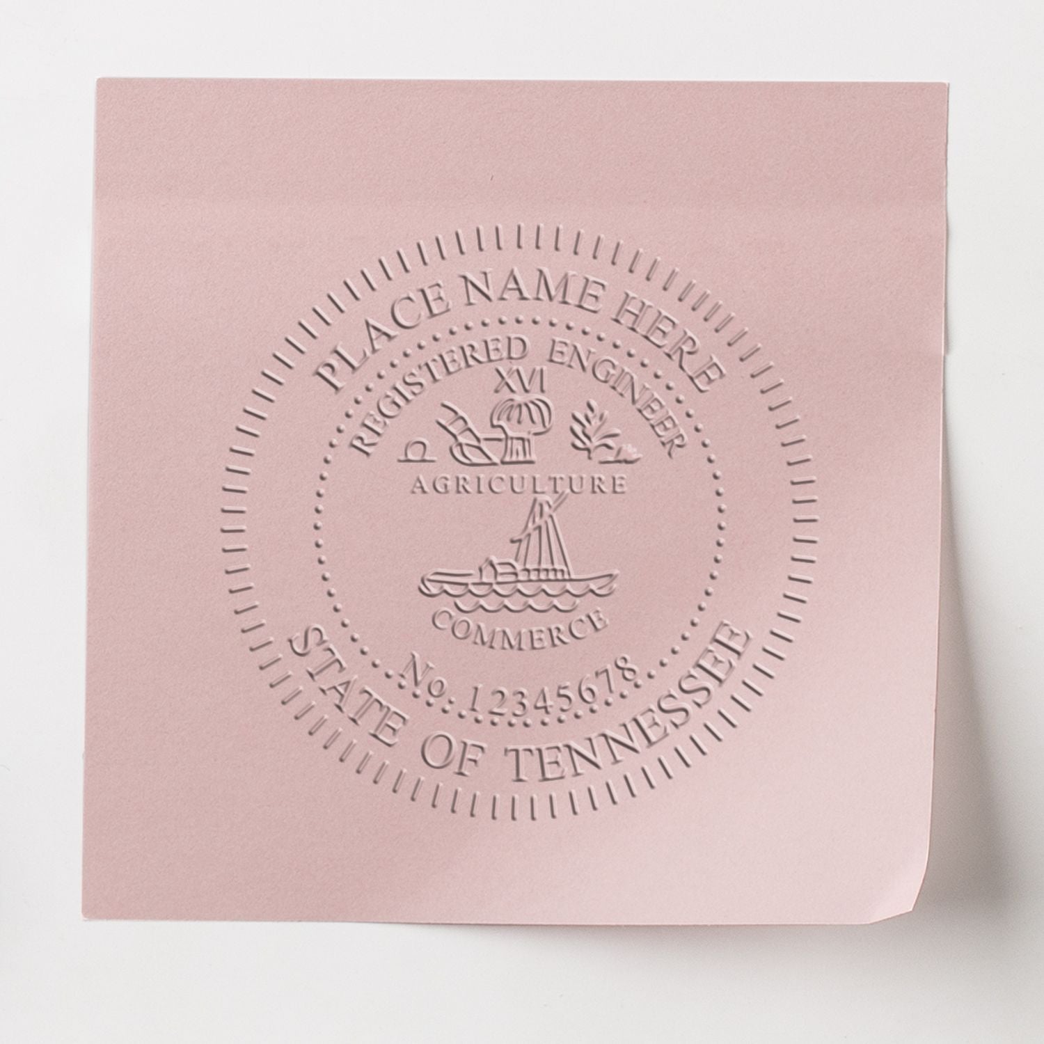 Embossed pink State of Tennessee seal on paper cover with registered engineer and commerce text.