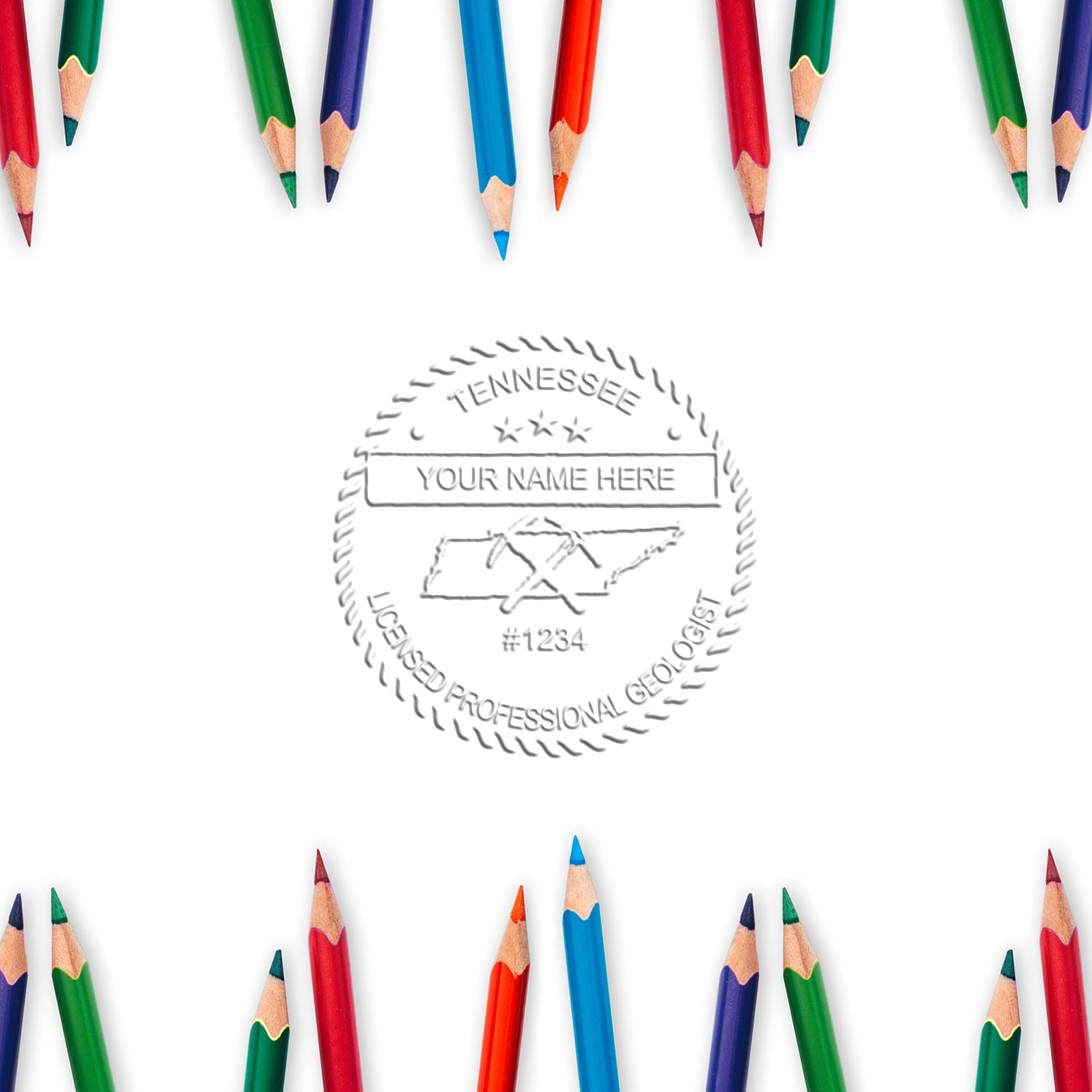 Colorful pencils border around Tennessee licensed professional geologist seal template with placeholder name and number.