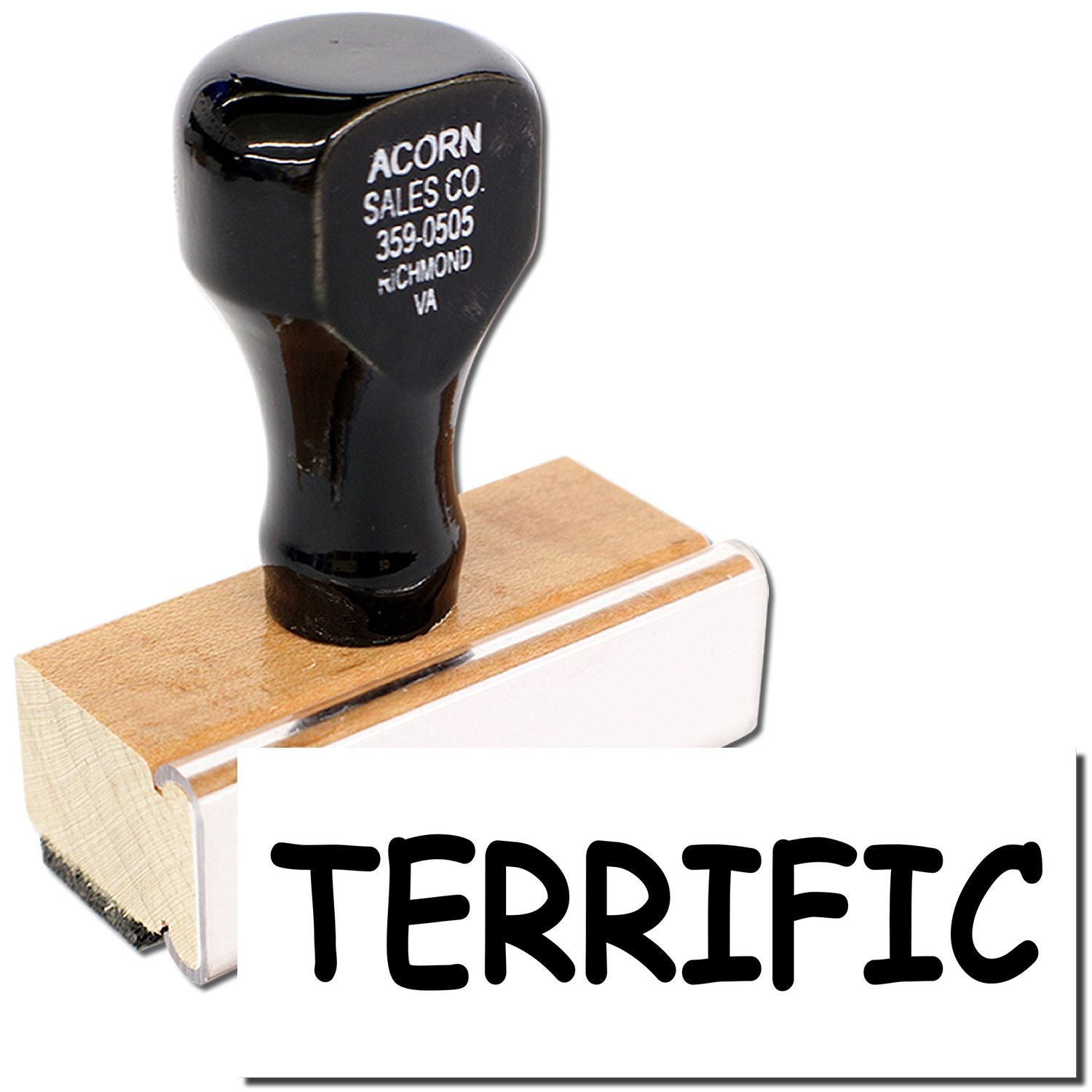 Terrific rubber stamp with wooden handle on white background