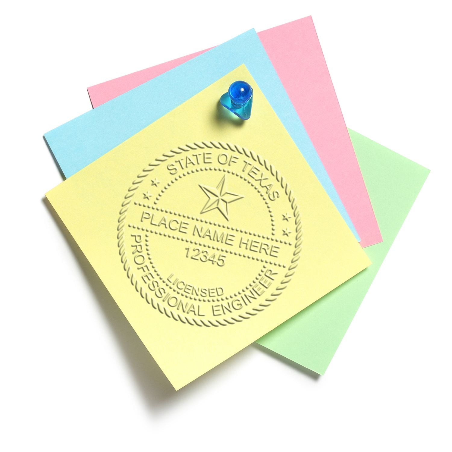 Pastel sticky notes with embossed Texas Professional Engineer seal and blue push pin on white background.