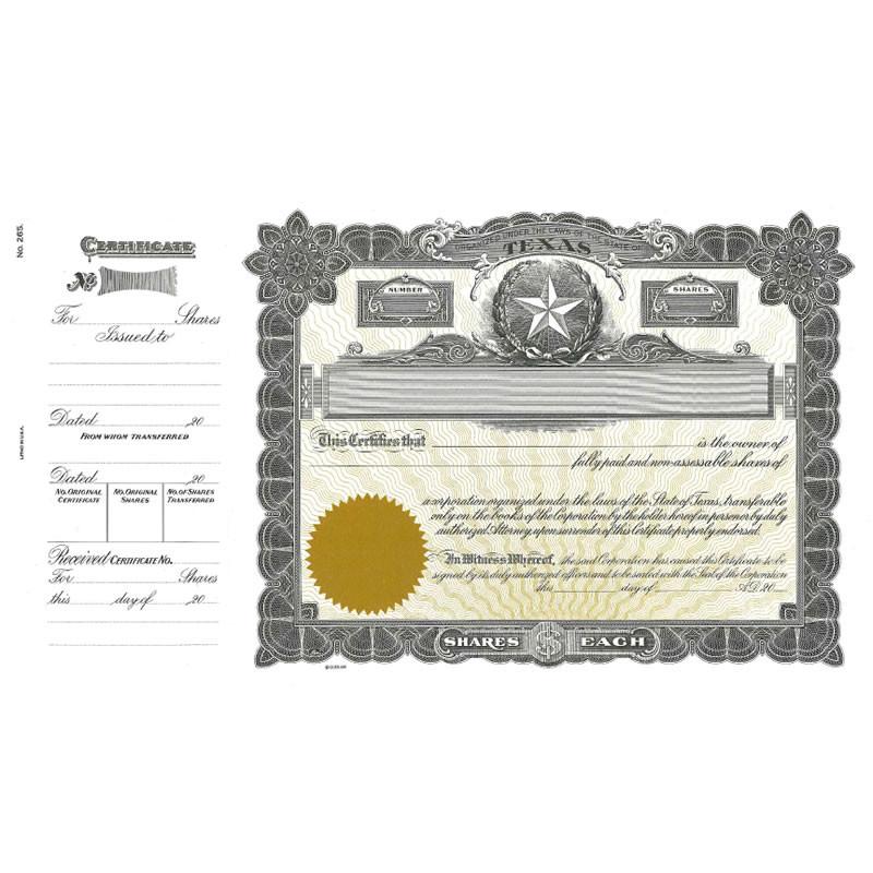 Vintage Texas corporate stock certificate showing shares with ornate seal and signature area for ownership verification