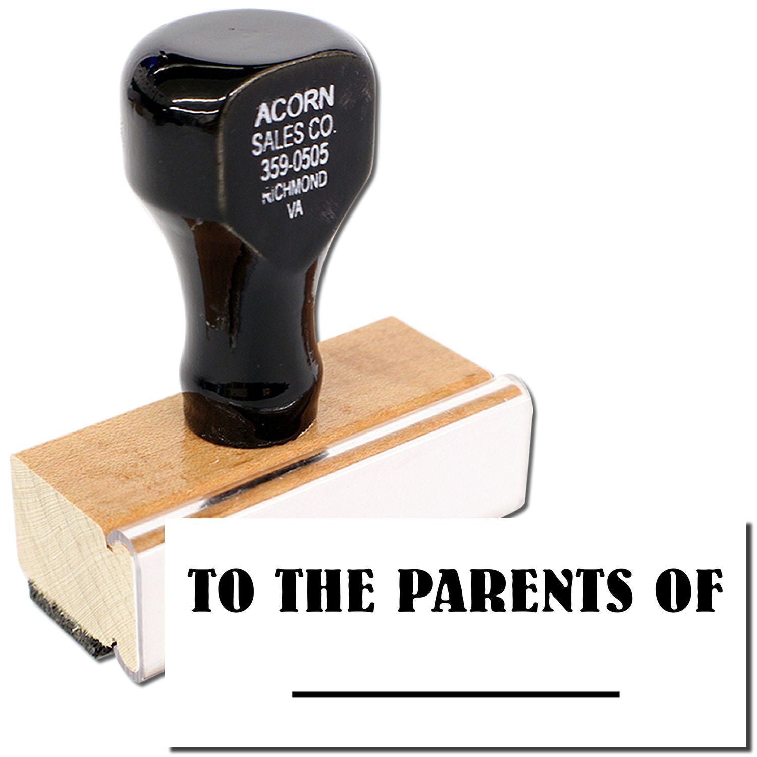 Custom rubber stamp with To the Parents of text and Acorn Sales Co. handle on white background