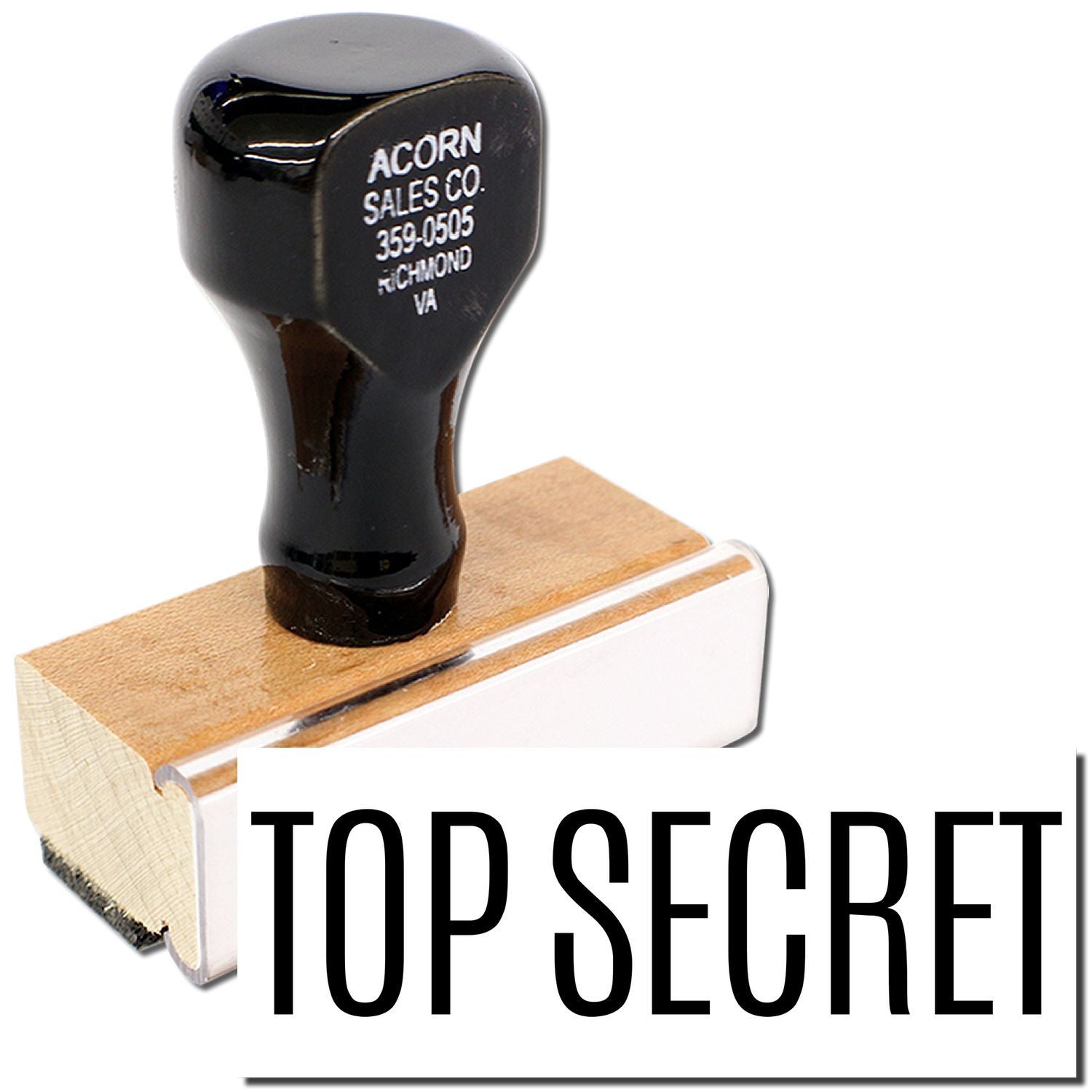 Top Secret rubber stamp with black handle and wooden base