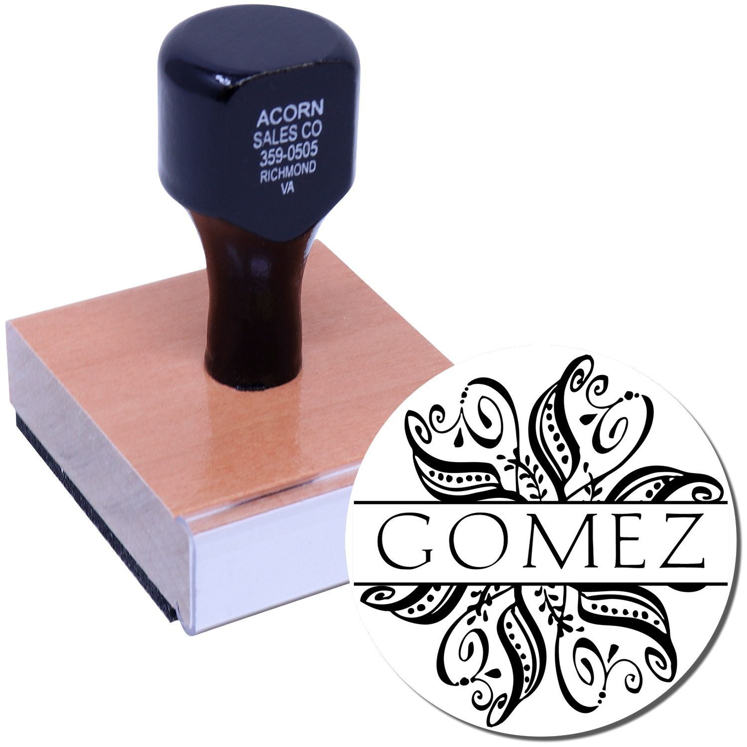 Gomez artisan wood stamp with navy imprinted handle, marked Acorn Sales Coideal for custom branding and printing.