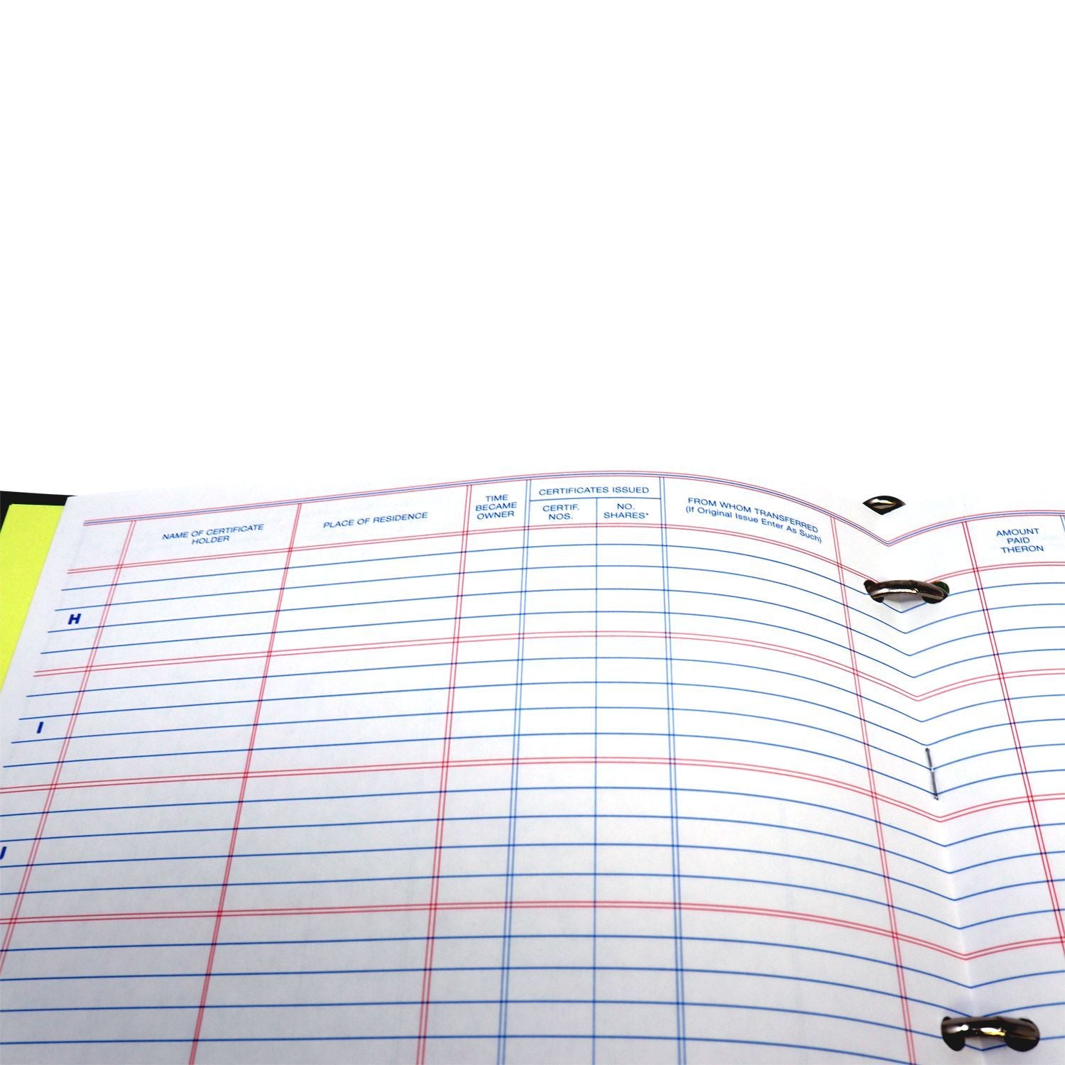 Close-up of blank stock certificate ledger page with share transfer columns and binder holes.