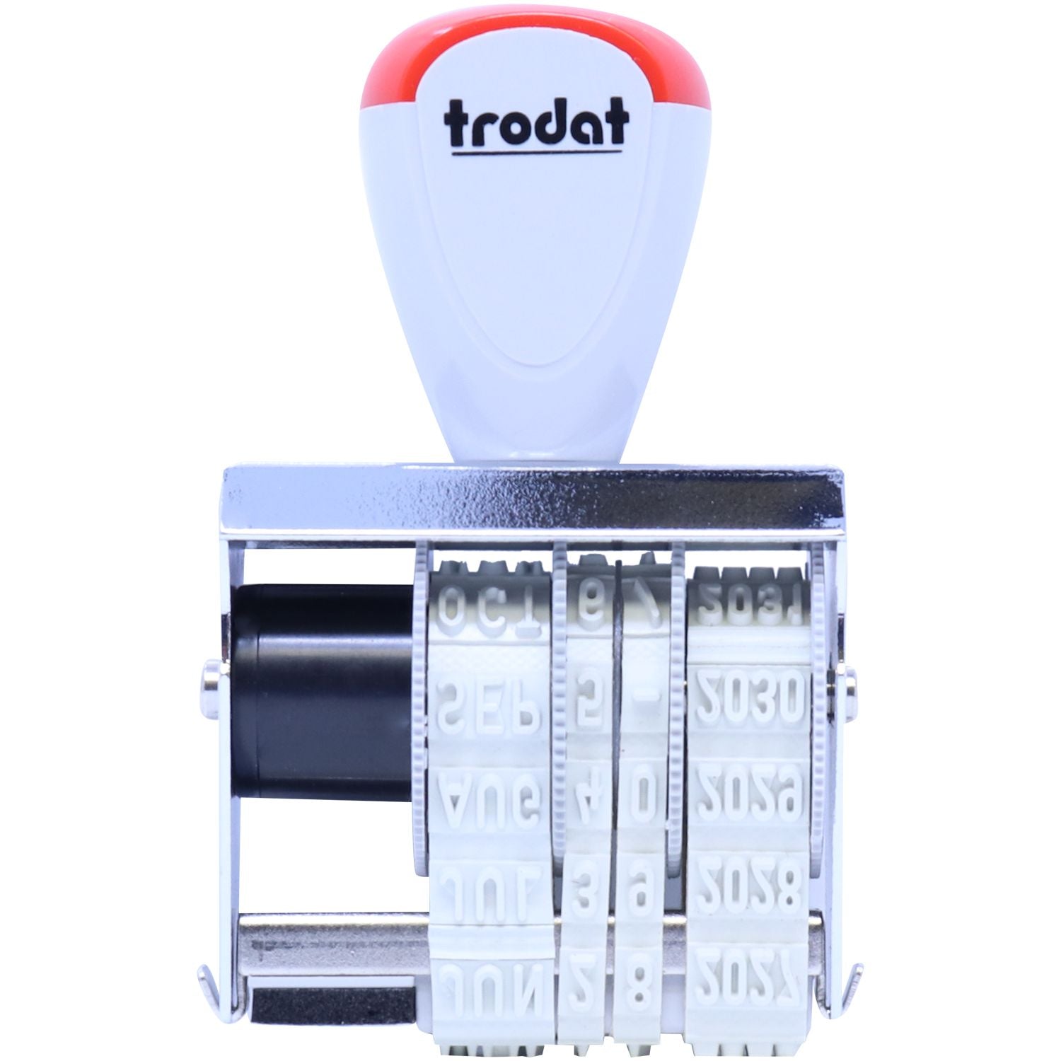 Trodat self-inking date stamp with adjustable number bands on white background