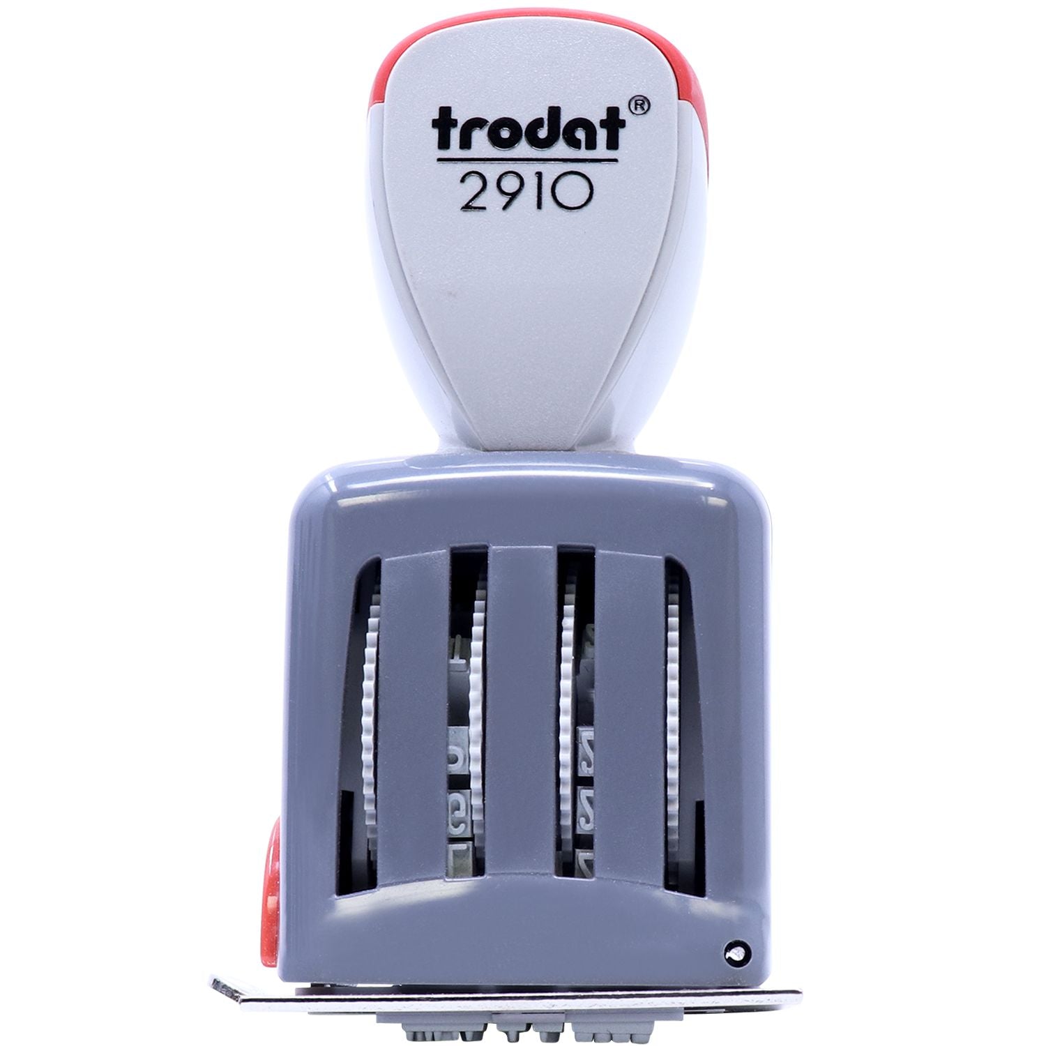 Trodat 2910 self-inking rubber stamp with adjustable date bands, office stamp tool on white background
